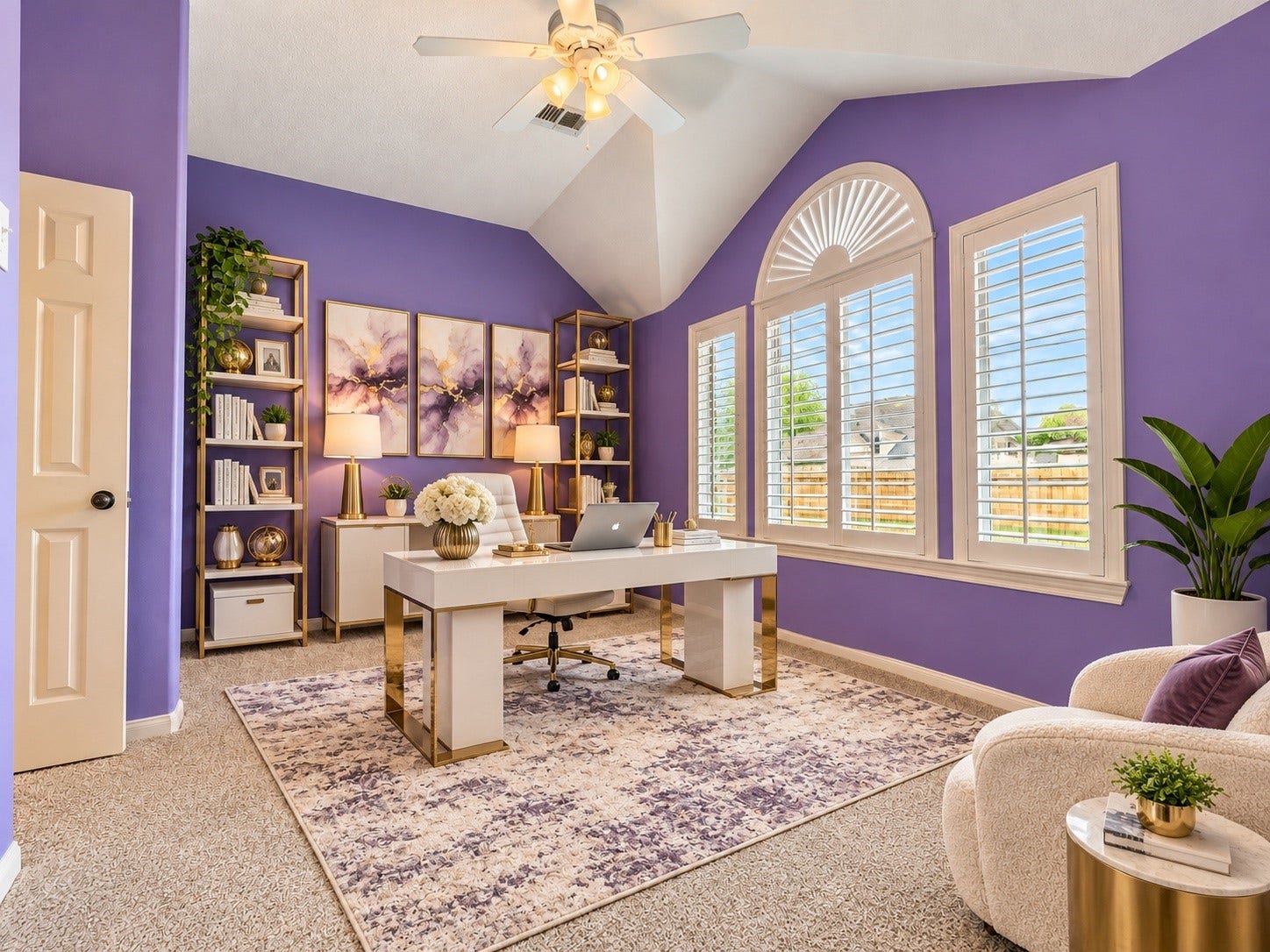 5810 Larch Leaf Lane, Richmond, TX 77469 Virtually Staged | Bedroom 4/Home Office. A flexible fourth bedroom demonstrates its potential as a comfortable work-from-home space.