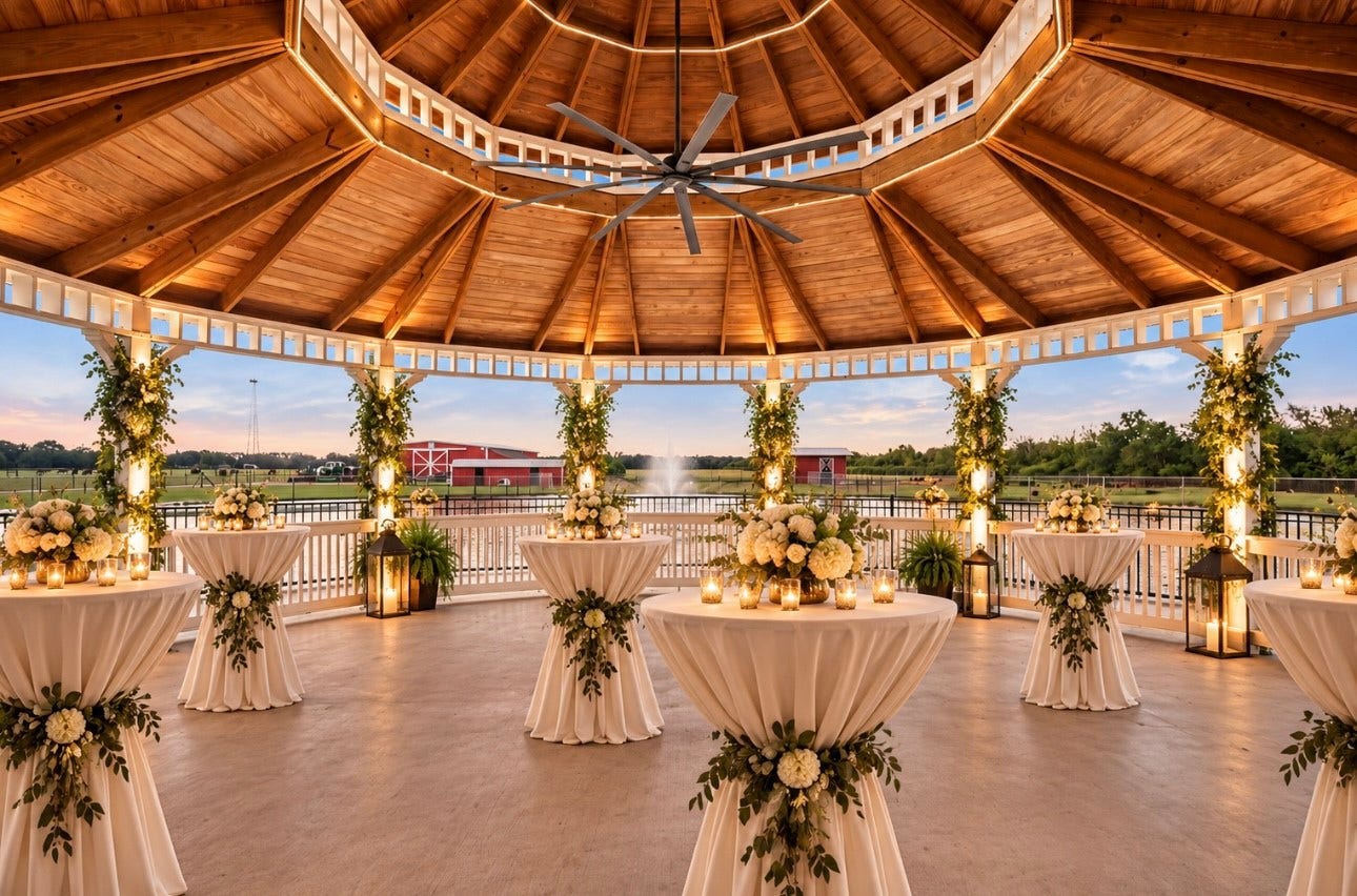 8145 Fm-1462, Rosharon, TX 77583 A truly special feature of the property, the expansive island gazebo sits in the middle of the pond surrounded by serene water and graceful swans. Equipped with electricity, ceiling fans and water this impressive space is ideal for entertaining. This photo is virtually staged.