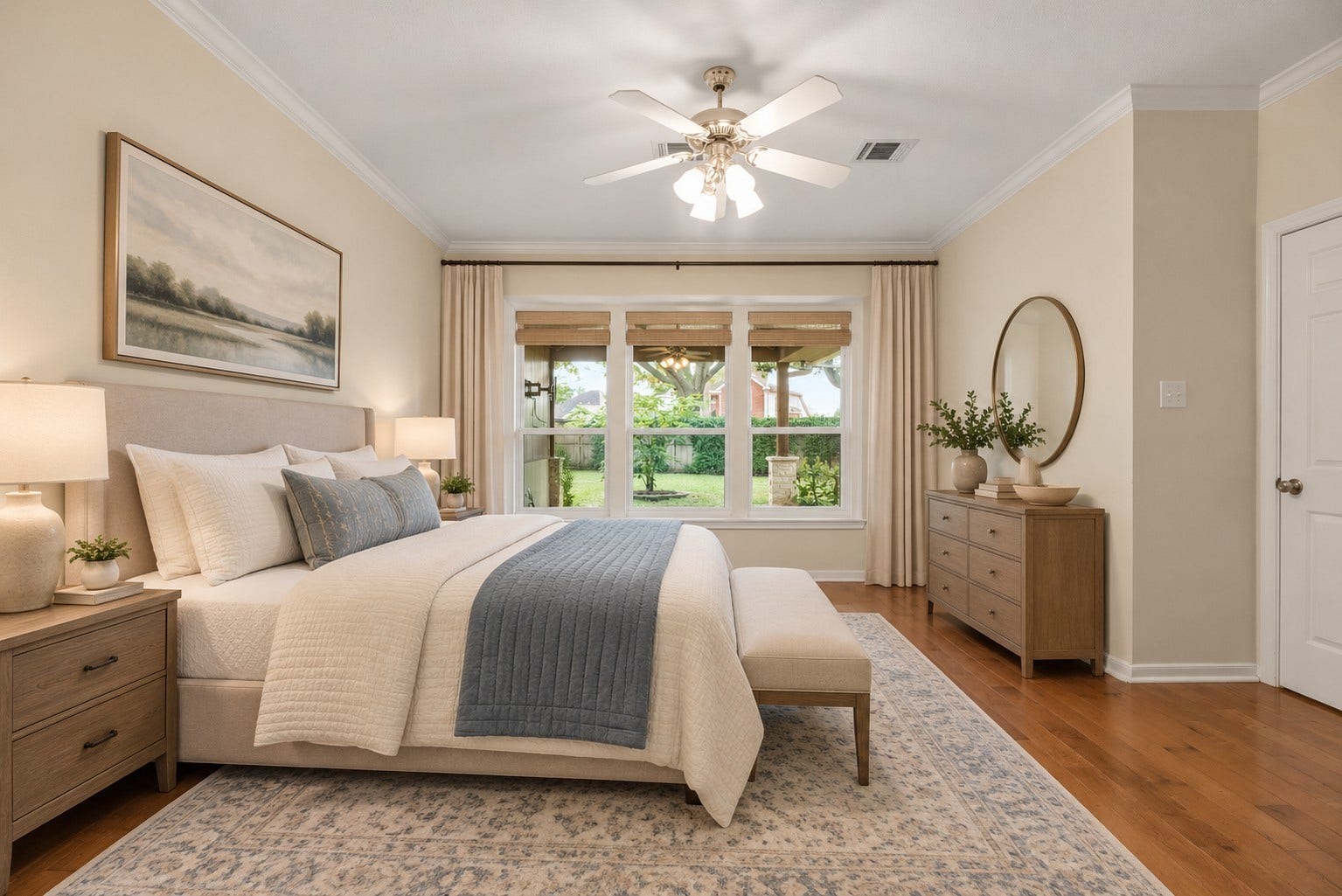 Bright and airy primary bedroom featuring hardwood floors and large windows overlooking a gorgeous backyard. *virtually staged