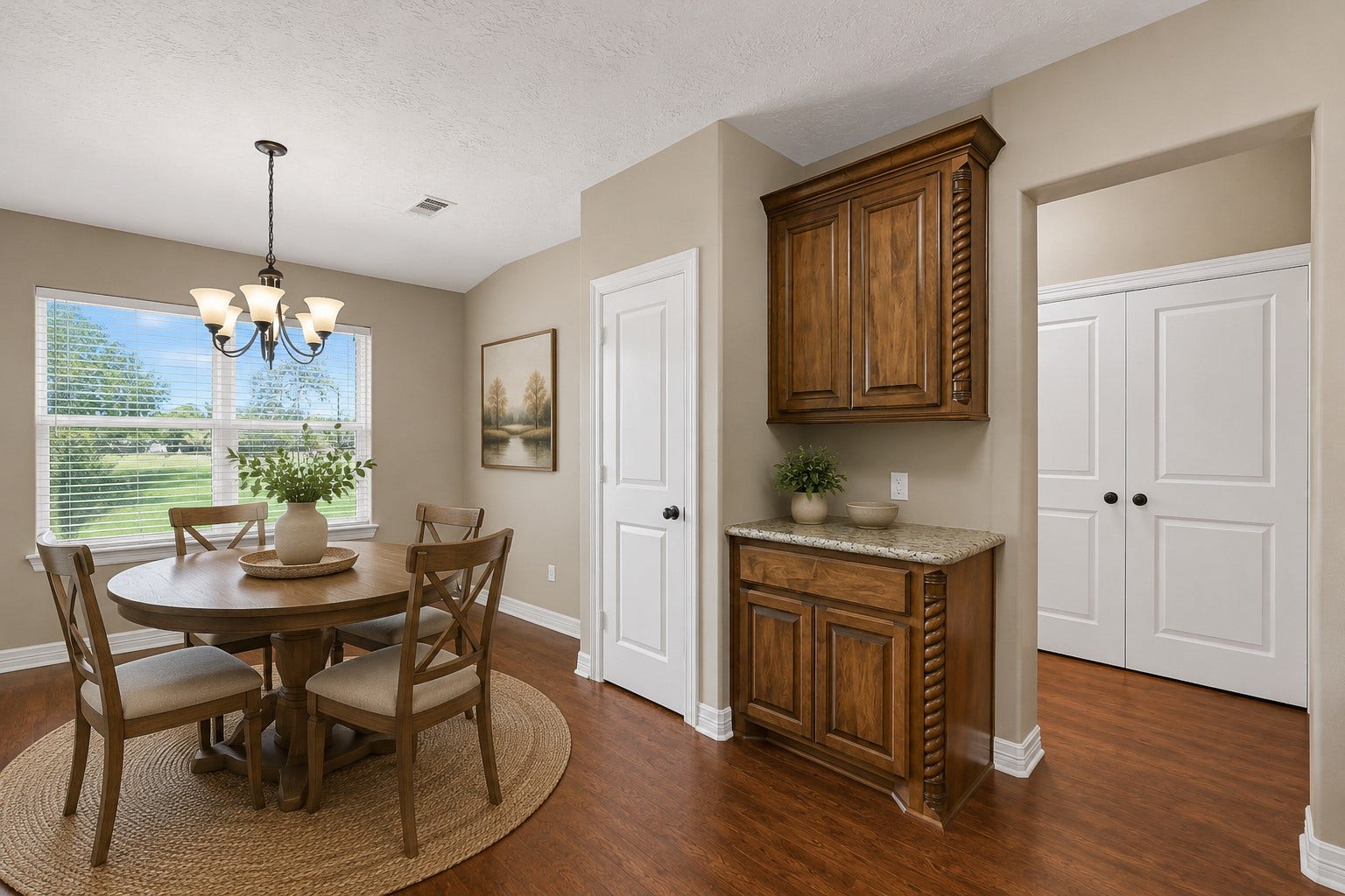 11930 Bastrop Beach Road, Angleton, TX 77515 Enjoy meals with peaceful views of the surrounding property in this bright dining area, perfectly positioned just off the kitchen. The open layout keeps conversations flowing while large windows fill the space with natural light. (Virtually Staged)