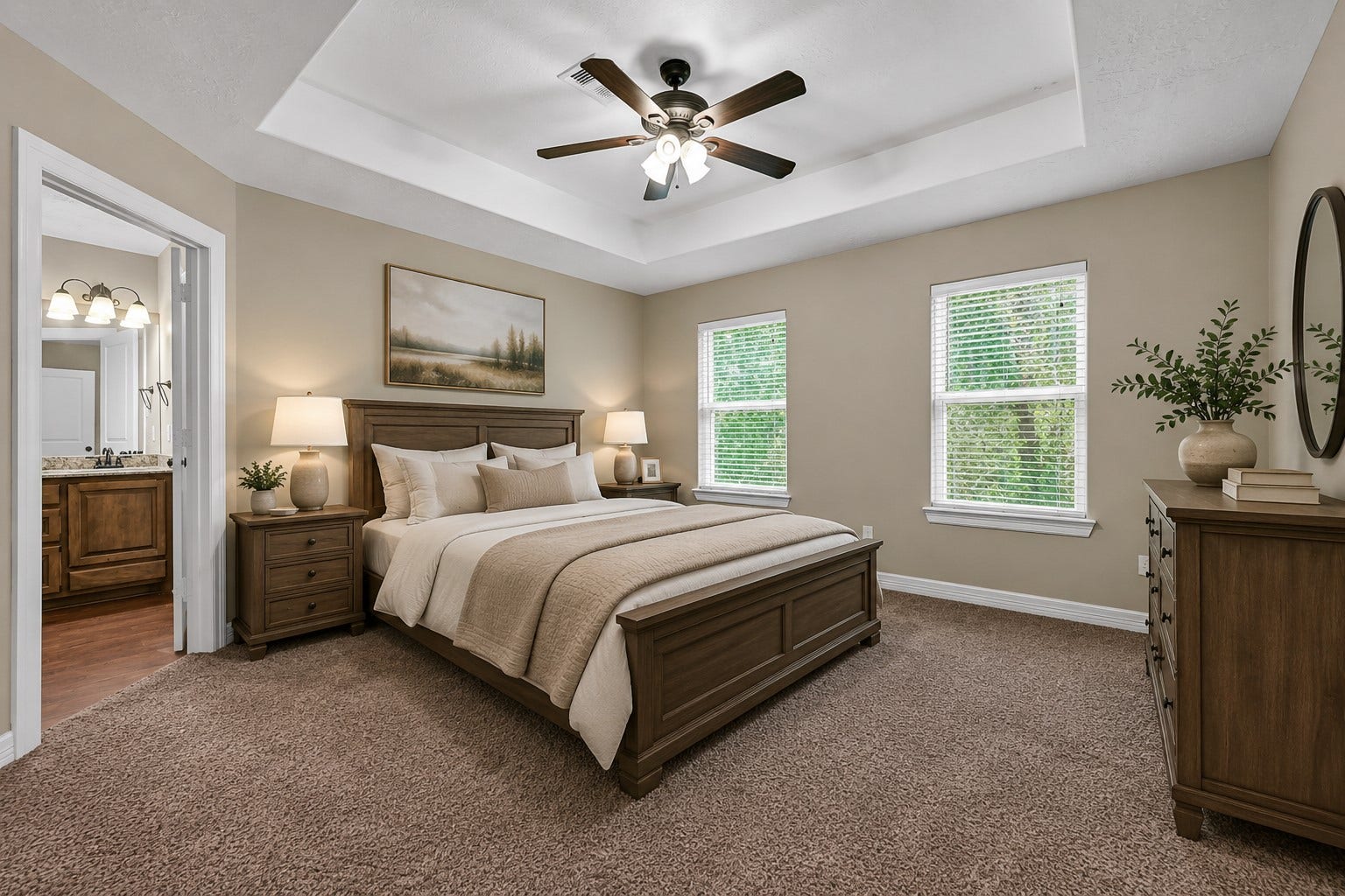 11930 Bastrop Beach Road, Angleton, TX 77515 The spacious primary suite offers a peaceful retreat with a tray ceiling, lighted ceiling fan, abundant natural light, and tranquil views of the surrounding trees. A private ensuite bath completes this comfortable owner's retreat. (Virtually Staged)