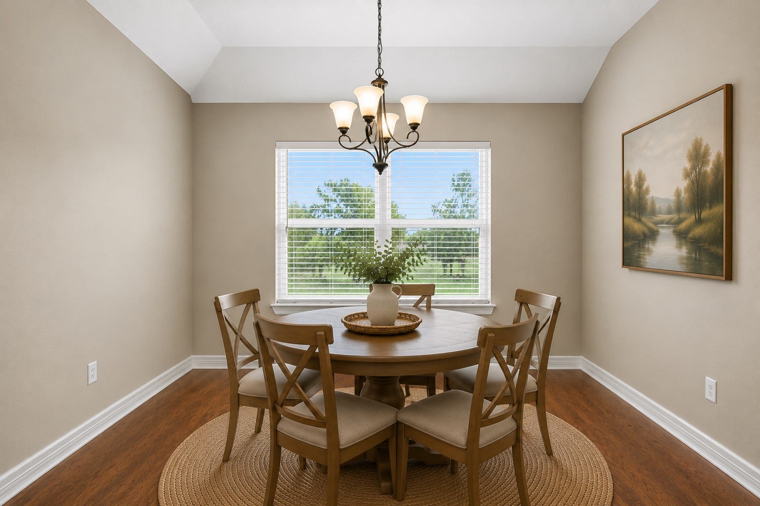 11930 Bastrop Beach Road, Angleton, TX 77515 Framed by a vaulted ceiling and large picture window overlooking the wooded property, the dining area creates a warm and welcoming setting to gather with family and friends while enjoying the peaceful surroundings. (Virtually Staged)