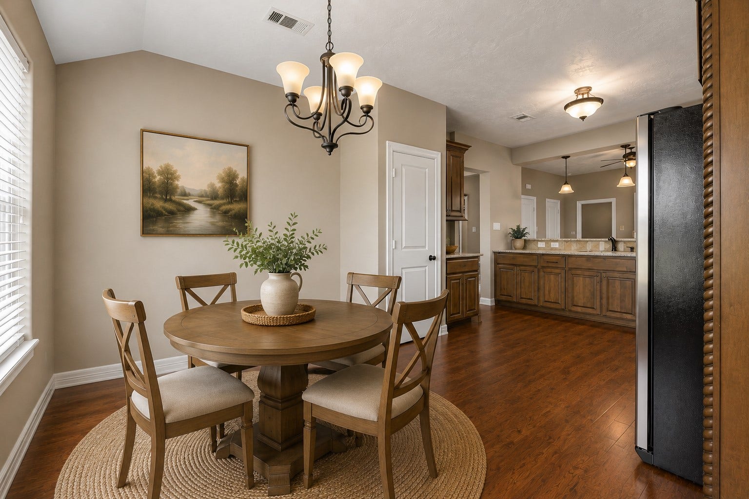 11930 Bastrop Beach Road, Angleton, TX 77515 Conveniently located between the kitchen and family room, the dining area offers an inviting space for everything from casual breakfasts to holiday gatherings while showcasing custom built-in cabinetry with a granite serving buffet. (Virtually Staged)