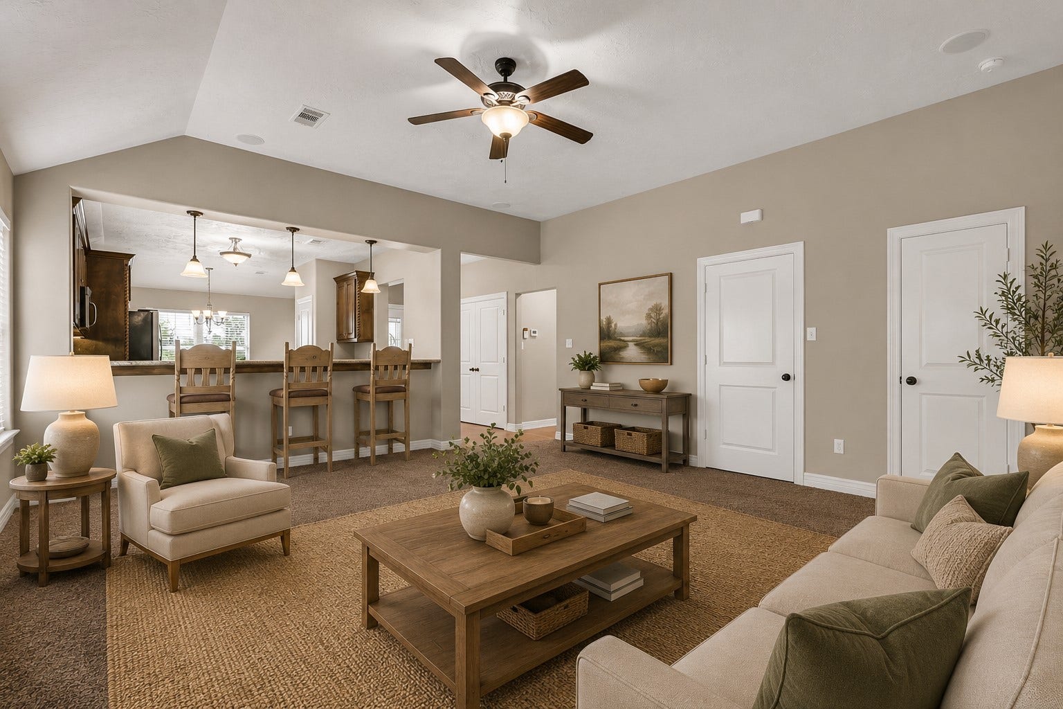 11930 Bastrop Beach Road, Angleton, TX 77515 Whether you're hosting friends or enjoying a quiet evening at home, this comfortable living area offers a spacious open layout with vaulted ceilings, seamless access to the kitchen, and plenty of room to relax. (Virtually Staged)