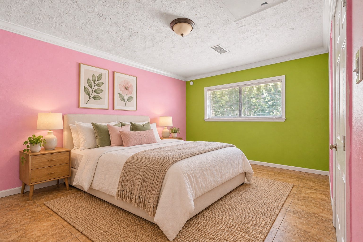 This unique bedroom blends style and warmth with tile flooring, custom painted walls and a large window that enhances the airy atmosphere. *Virtually Staged