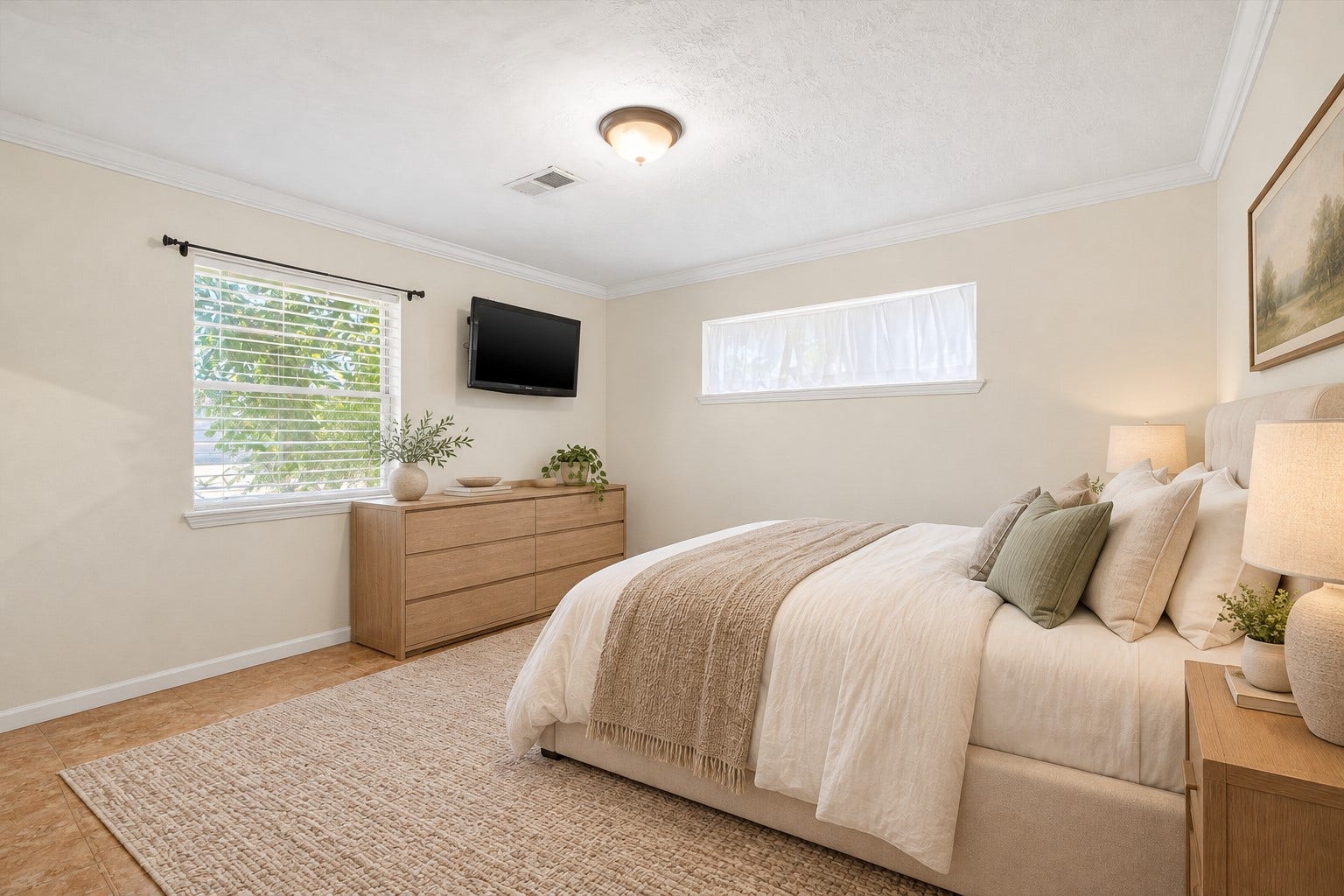 This bedroom features tile flooring, classic crown molding and multiple windows, providing a bright and comfortable living space. *Virtually Staged