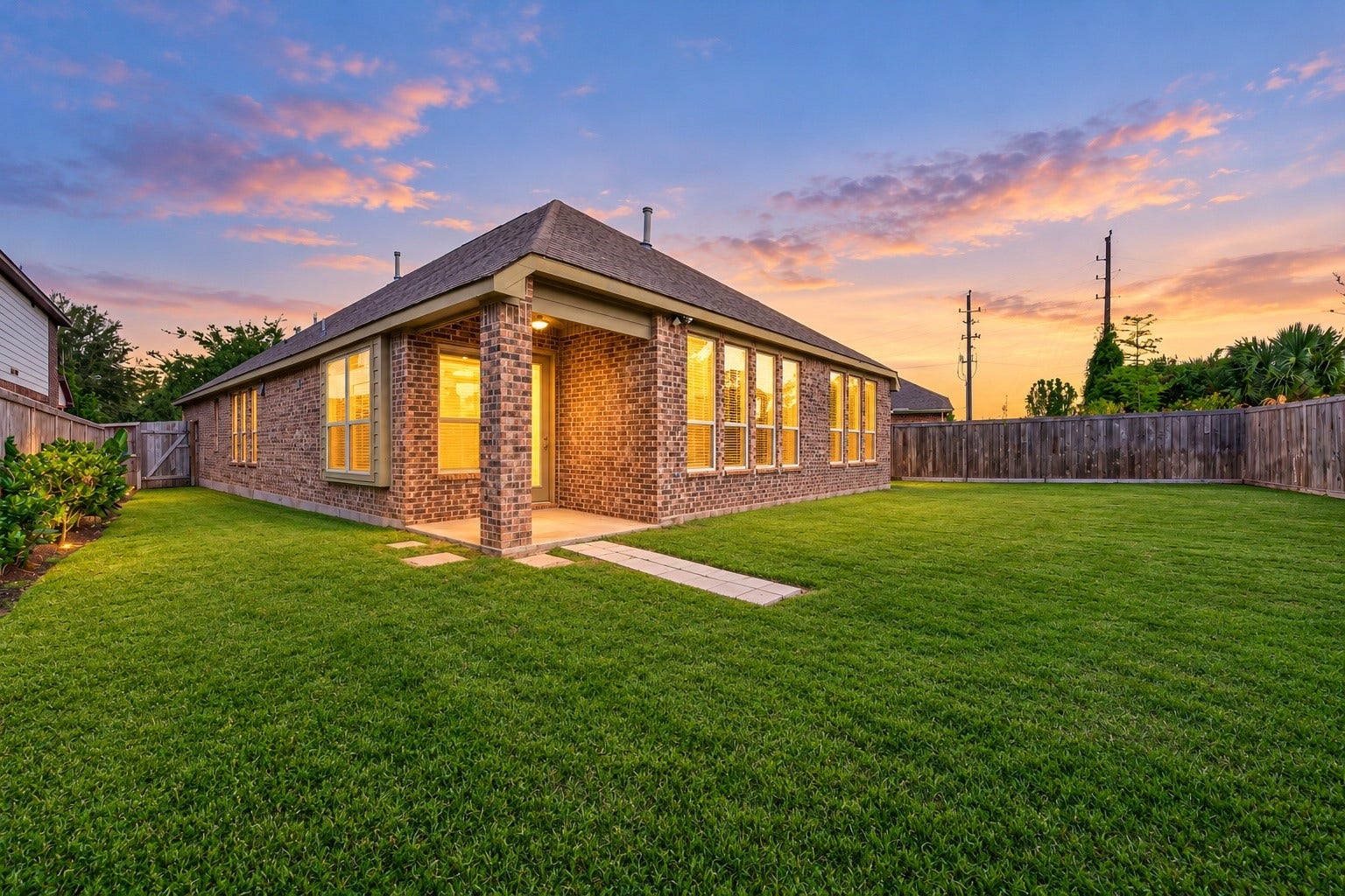 Backyard spaceperfect for relaxing or entertaining! Grass is edited for online presentation.