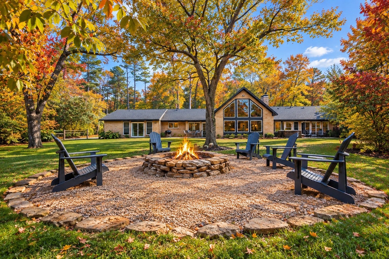 Large Back Yard with Firepit. Enhanced to show Fall Colors.
