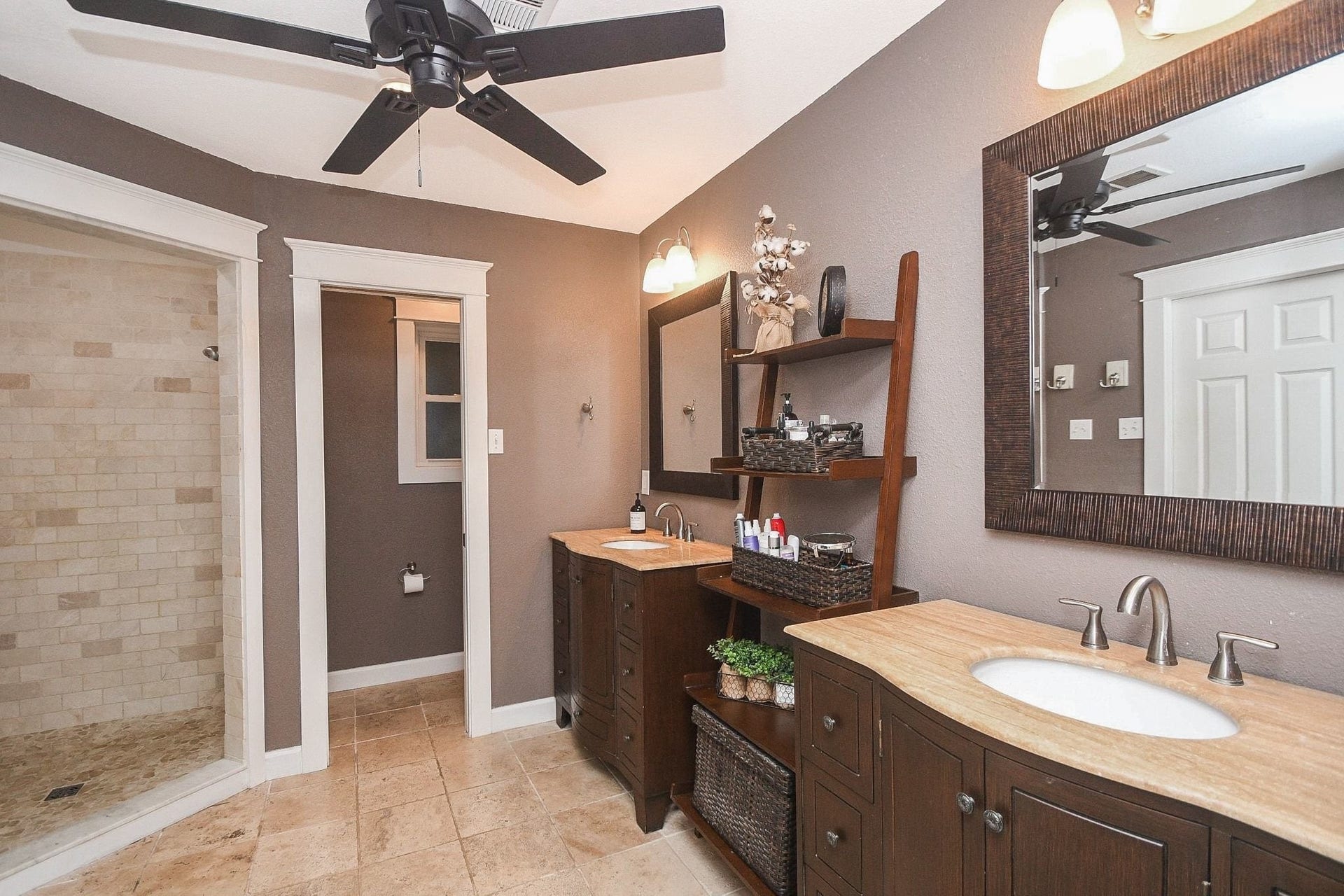 Primary Bath with Double Sinks, Large Walk-In Closet, Toilet Room & Large Shower.