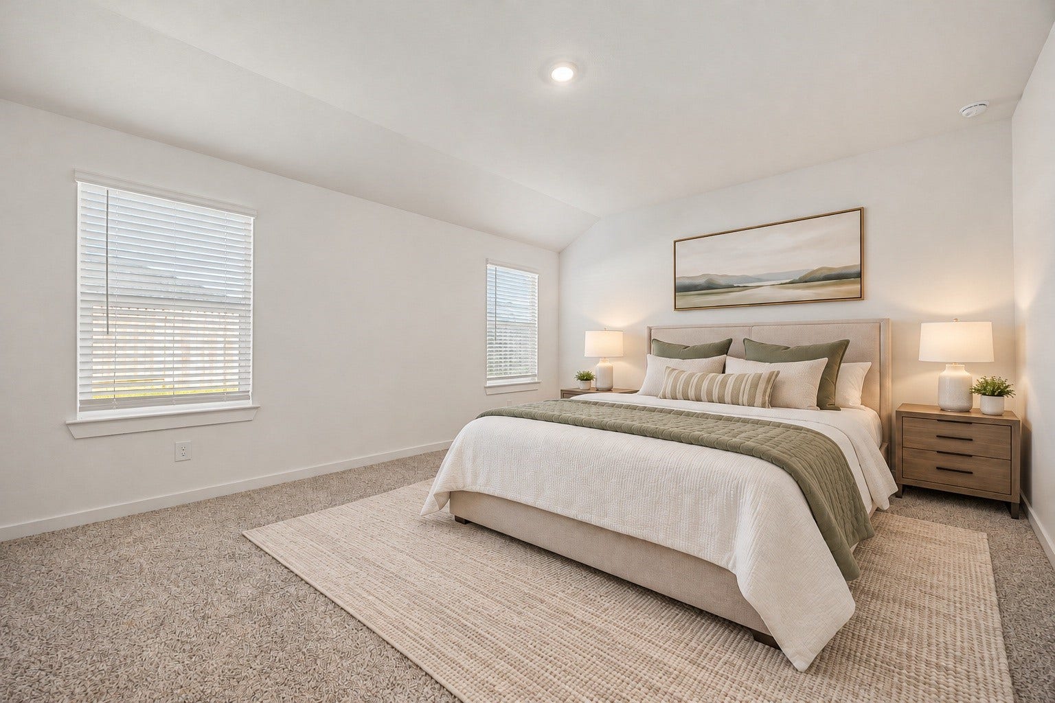 The primary bedroom offers a spacious retreat with vaulted ceilings and two large windows filling the room with natural light. Virtually staged.
