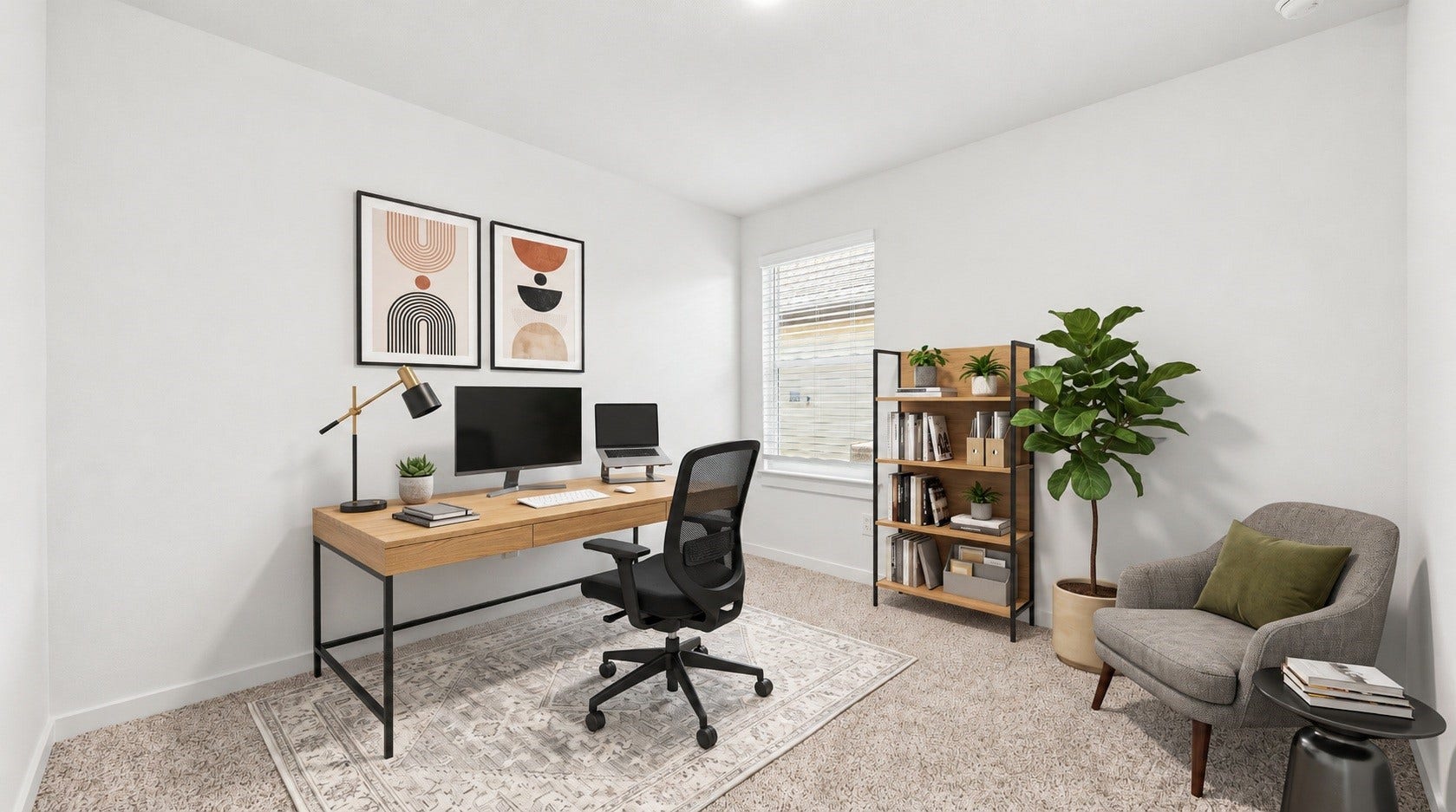 The office provides a quiet, versatile space with plush carpet and a large window, ideal for working from home or a cozy retreat. Virtually staged.