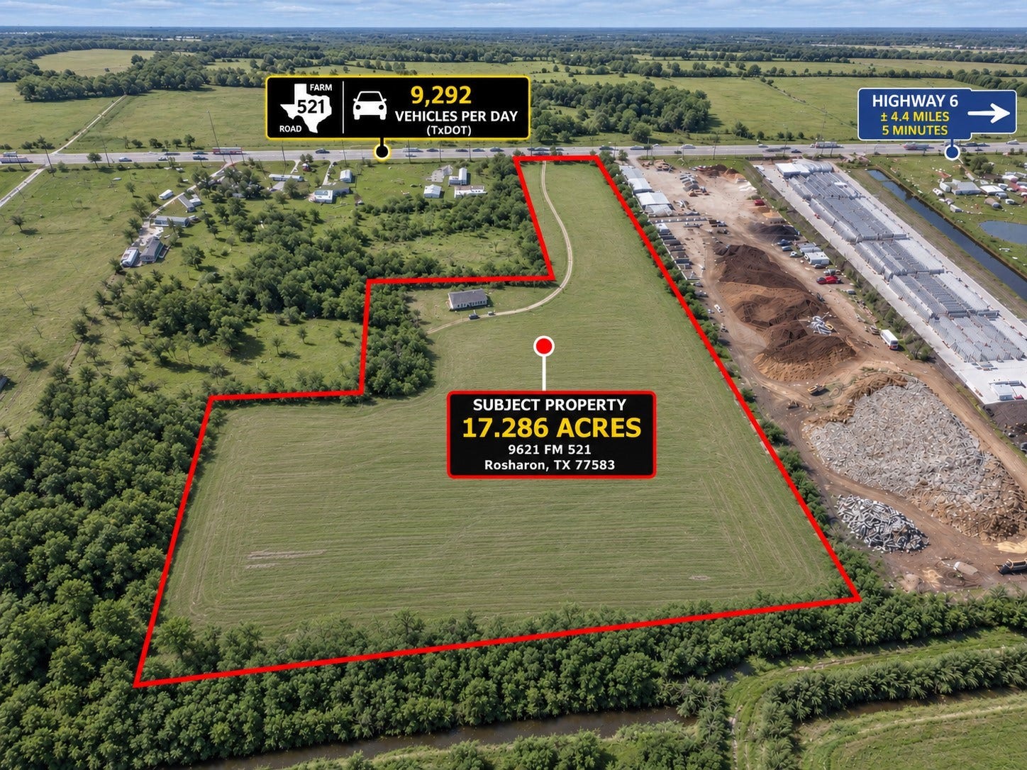 9621 Fm 521 Road, Rosharon, TX 77583 Located directly on FM 521, just minutes from Highway 6 and Highway 288, with convenient access to major roadways connecting Houston and surrounding communities.
