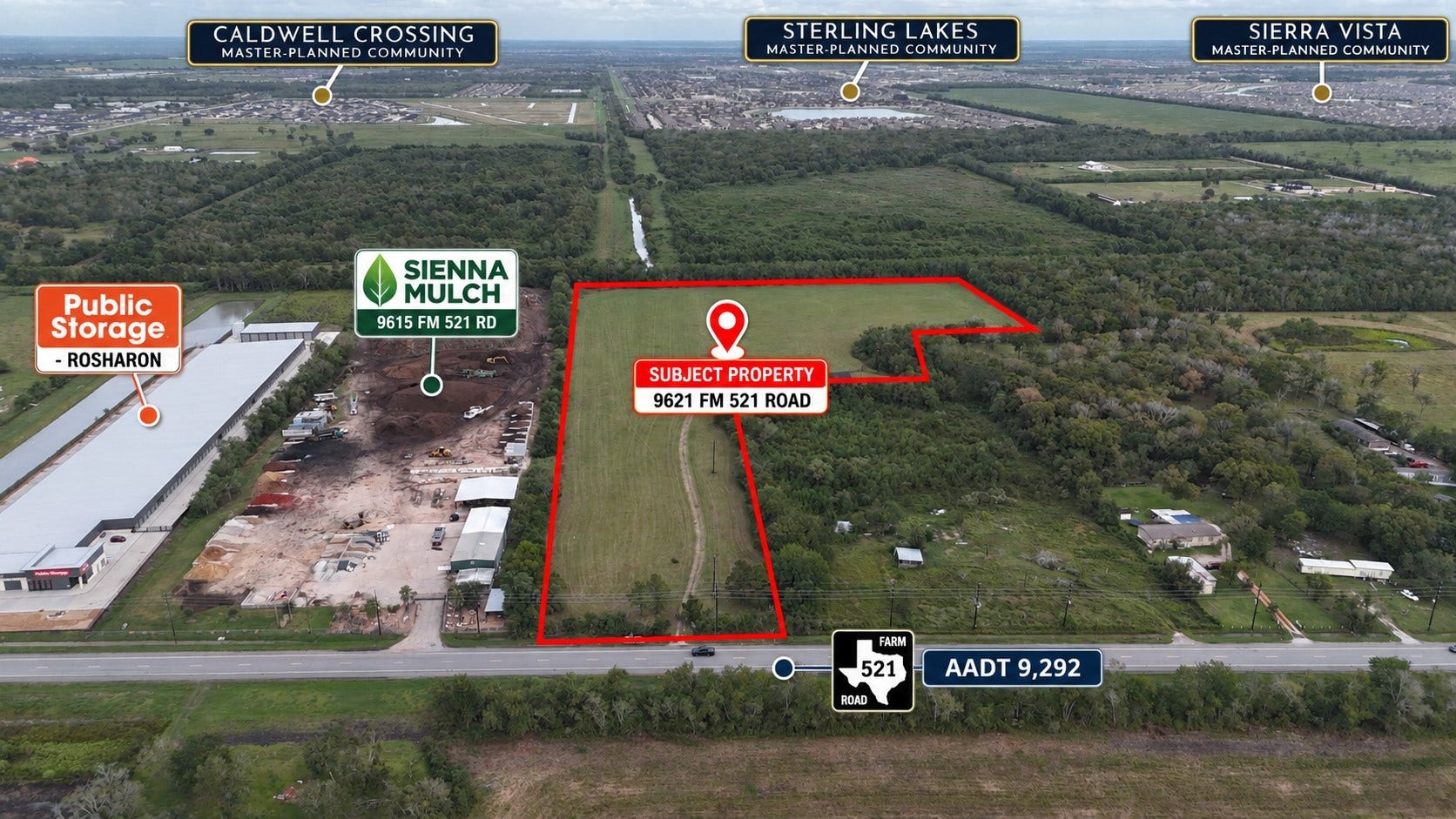 9621 Fm 521 Road, Rosharon, TX 77583 Located alongside established businesses, including Sienna Mulch and nearby self-storage development, this 17.286-acre tract offers commercial development potential while retaining the open space and flexibility for a private residential estate.