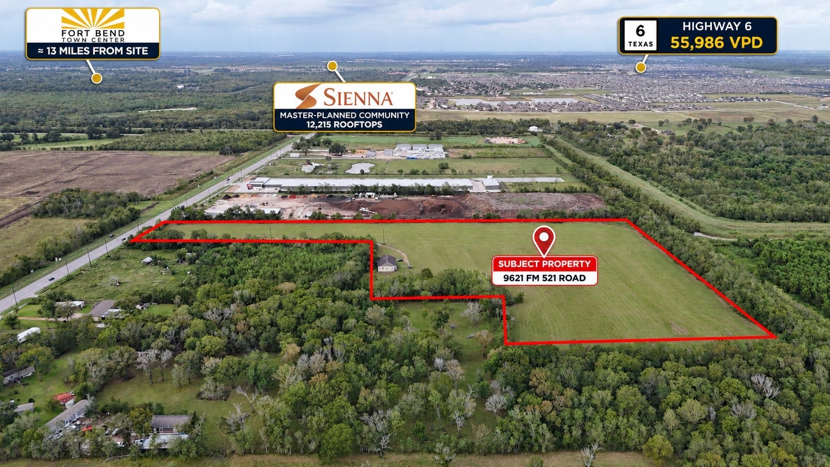 9621 Fm 521 Road, Rosharon, TX 77583 Surrounded by growing master-planned communities and ongoing residential development, this 17.286-acre tract is positioned to benefit from continued growth and investment in the surrounding area.