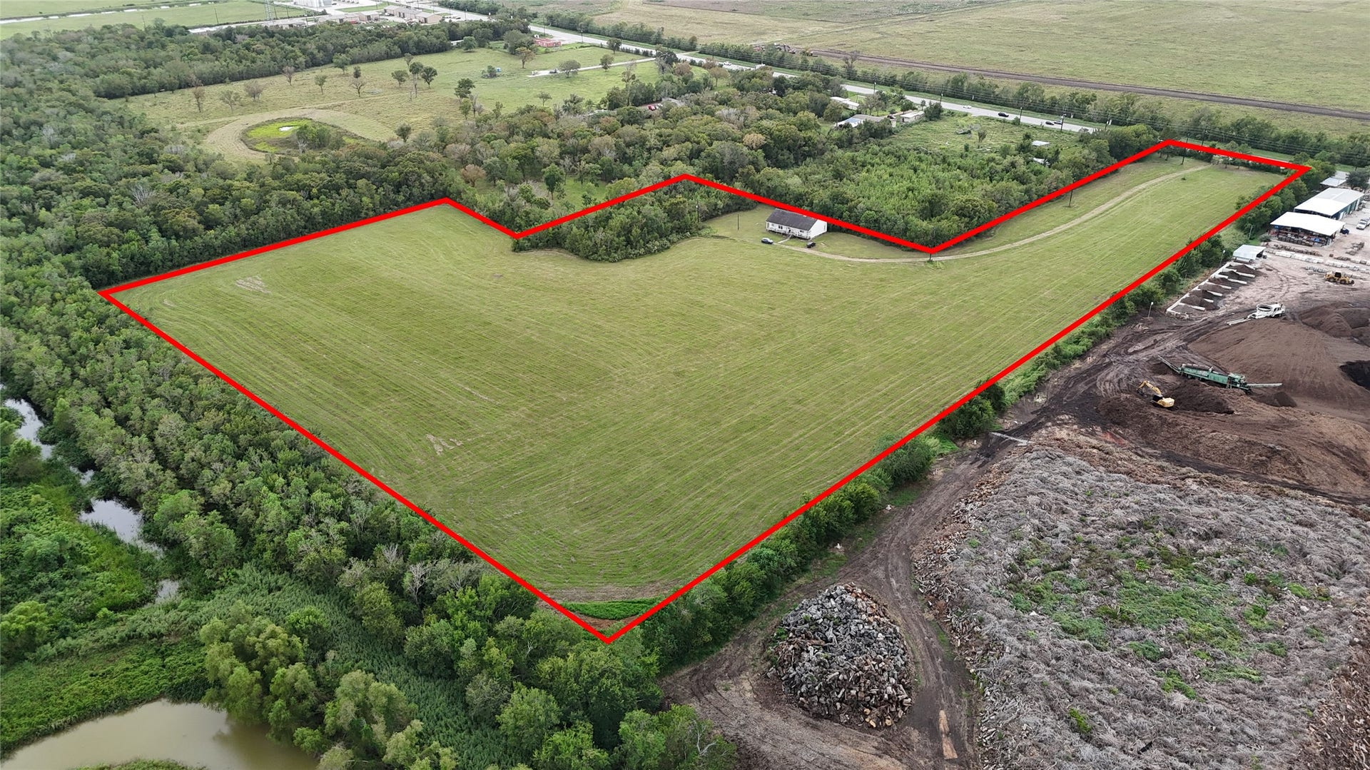 9621 Fm 521 Road, Rosharon, TX 77583 Wide aerial view showcasing the full scale of this 17.286-acre tract, offering substantial space and flexibility for a variety of potential uses.