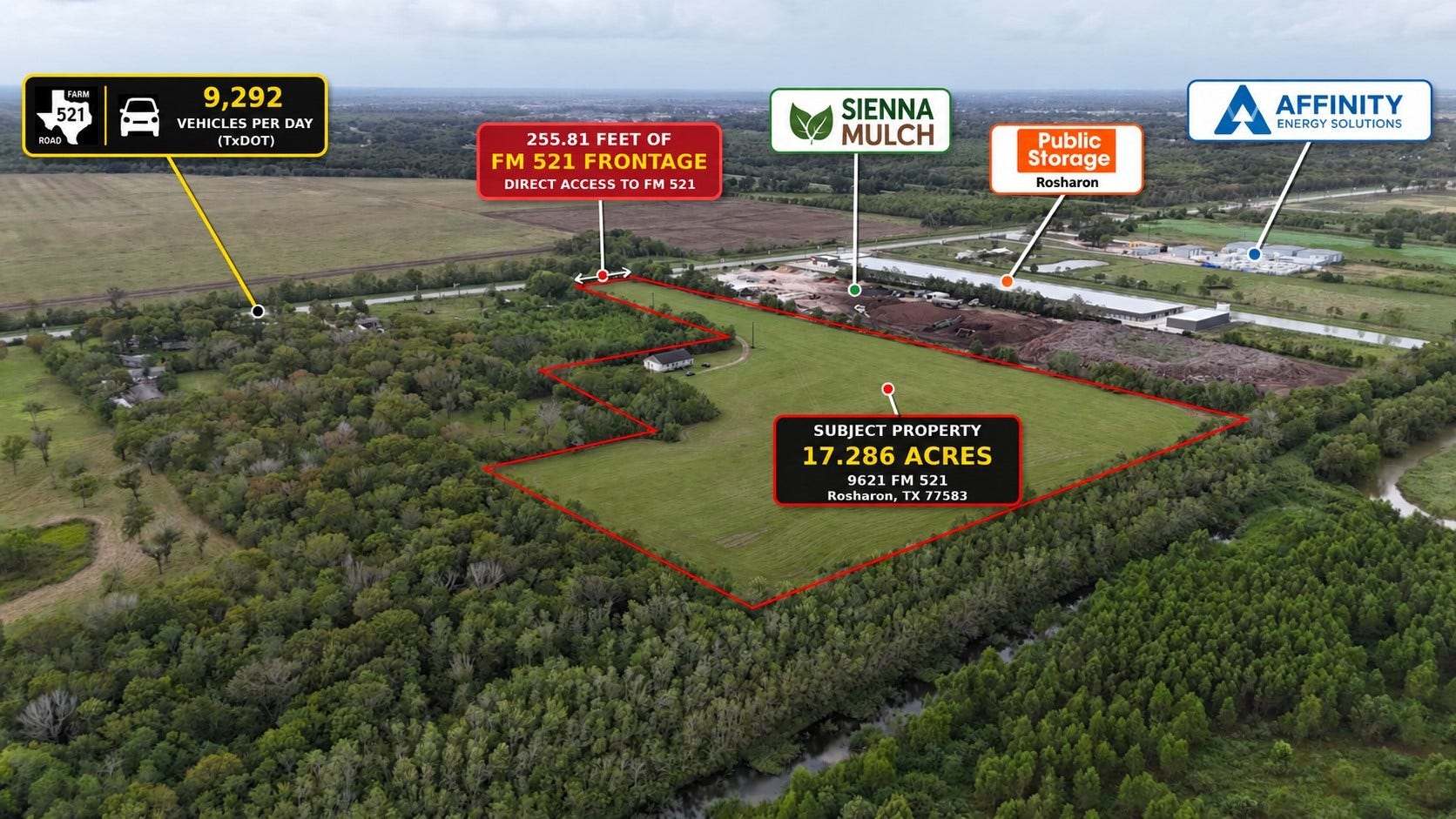9621 Fm 521 Road, Rosharon, TX 77583 Direct FM 521 frontage and proximity to established commercial businesses offer strong development potential while maintaining the open space and flexibility for residential use.