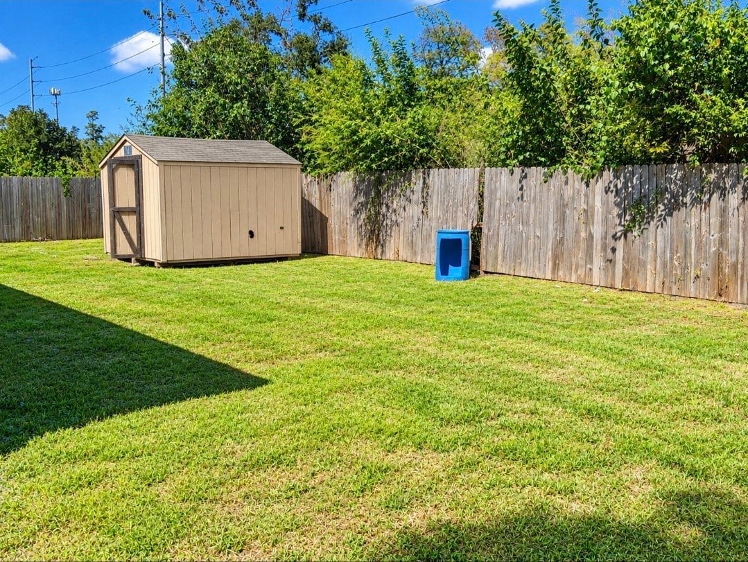 7929 Talton Street, Houston, TX 77028 Spacious backyard with lush green lawn, a sturdy wooden fence for privacy, and a practical storage shed for extra space.