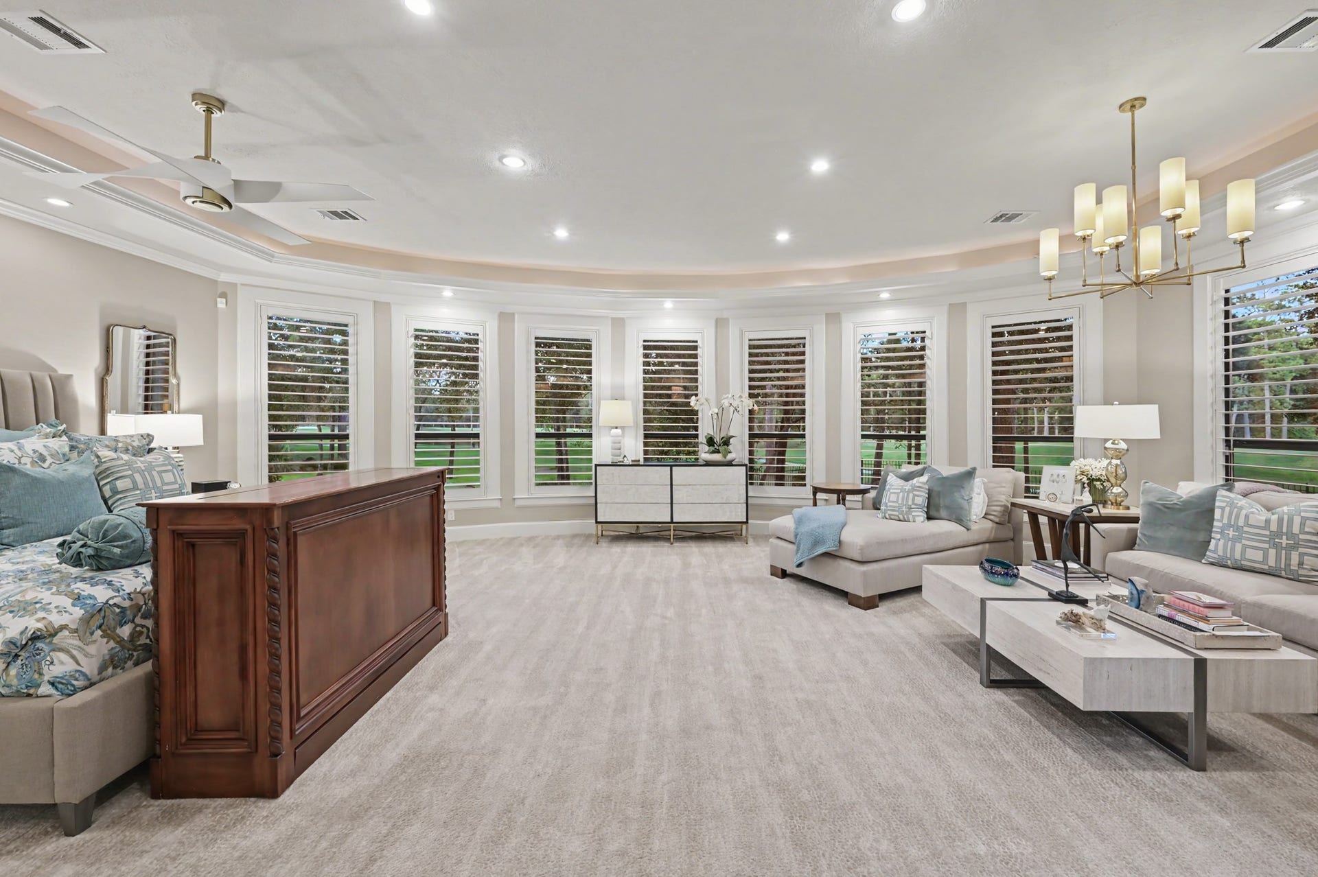 Breathtaking panoramic views from master bedroom that overlook the 7th green of the Woodlands Country Club Oaks course.