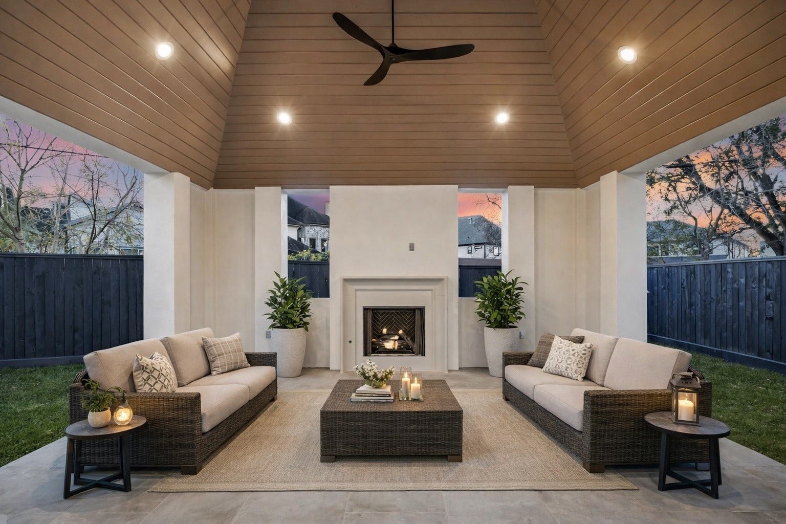 320 W 32nd Street, Houston, TX 77018 A vaulted, wood clad ceiling and recessed lighting frame this covered pavilion, anchored by a built in fireplace for year round use. Designed as a true outdoor living room, the space works equally well for relaxed evenings or larger gatherings. **Virtually staged *Previous build by Arch Angelo**