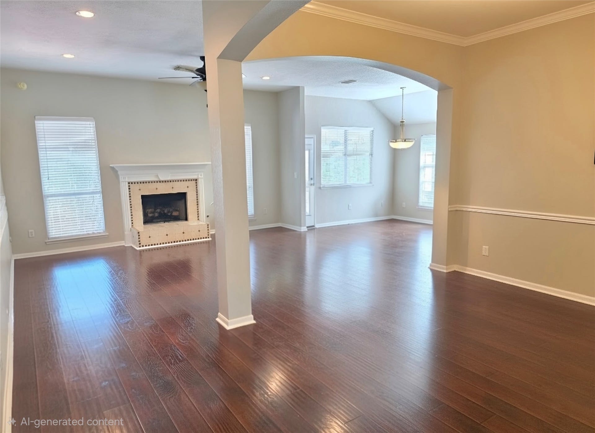 220 April Waters Drive W, Montgomery, TX 77356 AI generated photo of the dining and living area with no furniture so you can envision your own decor