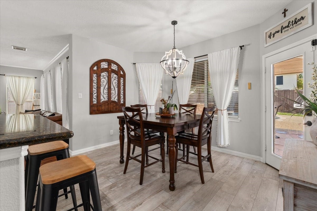 2437 La Rochelle Court, Seabrook, TX 77586 Breakfast area offers an inviting dining spot with window views and a door to the covered patio.