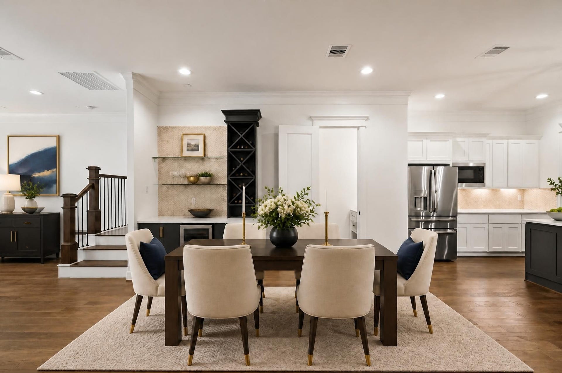 1128 Malone Street, Houston, TX 77007 The dining area sits naturally between the kitchen and living room, creating a clean space for meals and hosting. The open layout keeps the first floor connected from front to back. Virtually staged.