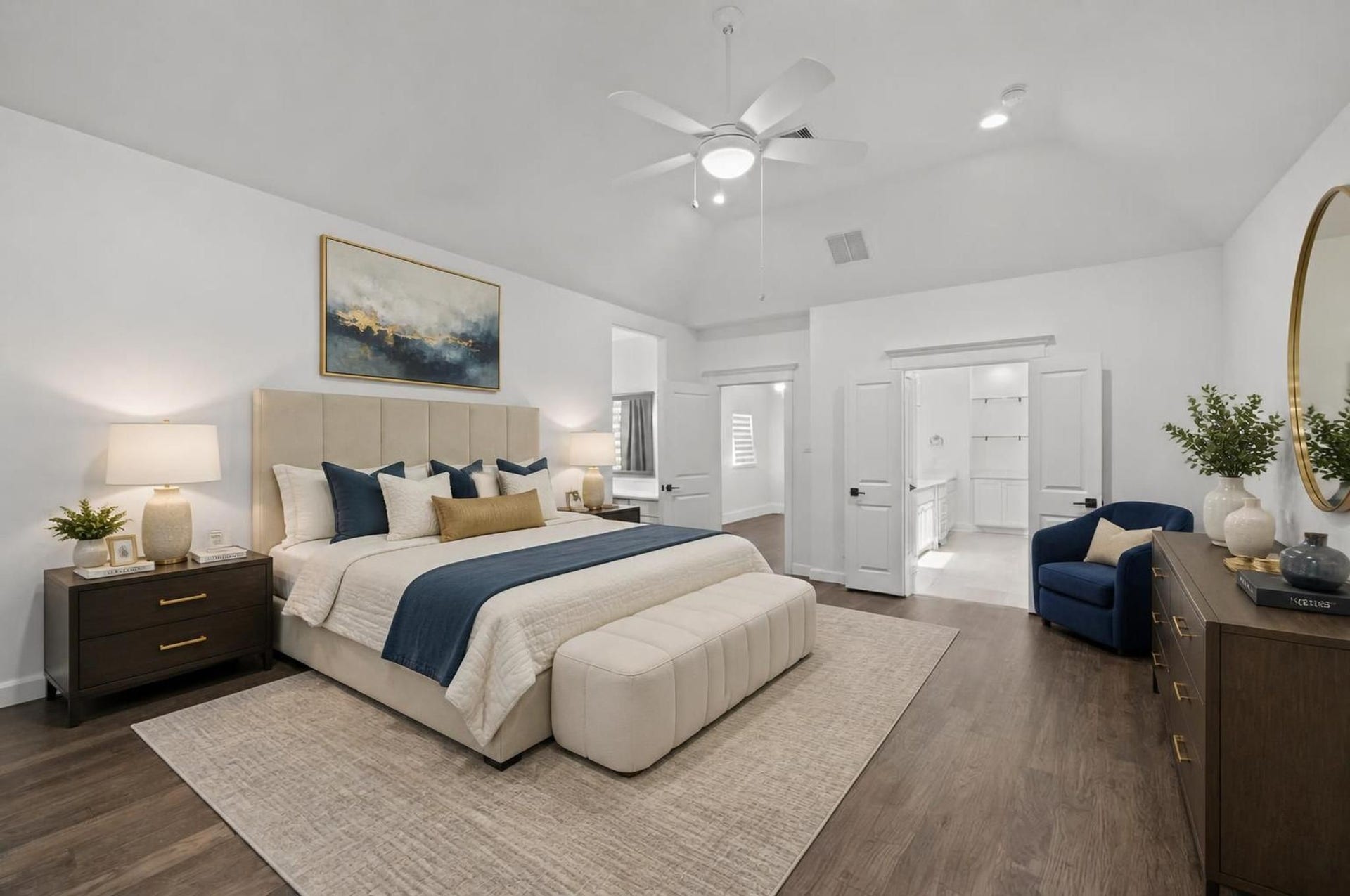 1128 Malone Street, Houston, TX 77007 The primary bedroom continues with vaulted ceilings, soft natural light, and generous wall space. The room feels spacious, private, and finished as a true owners retreat. Virtually staged.