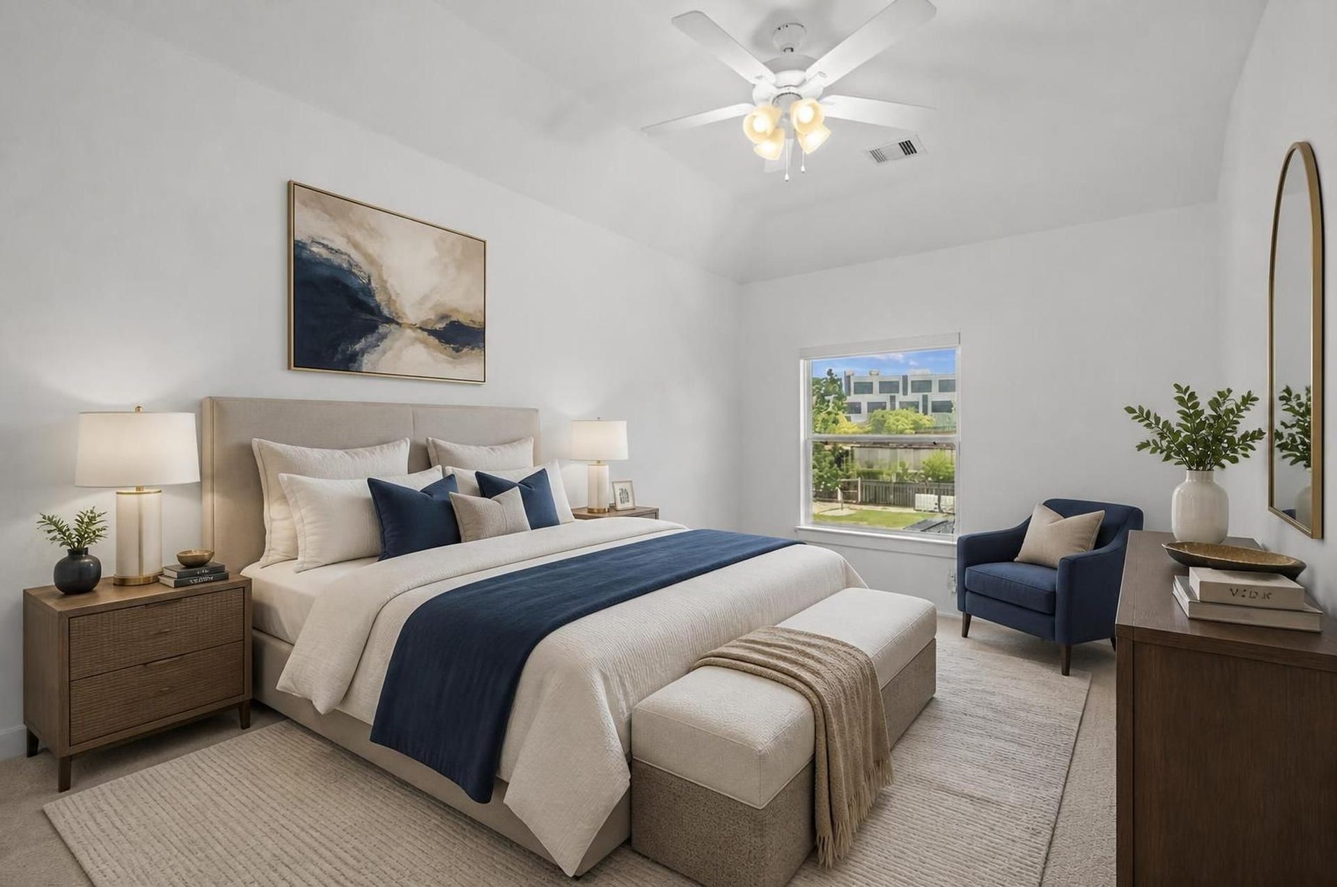 1128 Malone Street, Houston, TX 77007 The room continues the homes light, neutral interior with space for a full bedroom setup and accent furniture. It adds useful flexibility to the three-bedroom layout. Virtually staged.