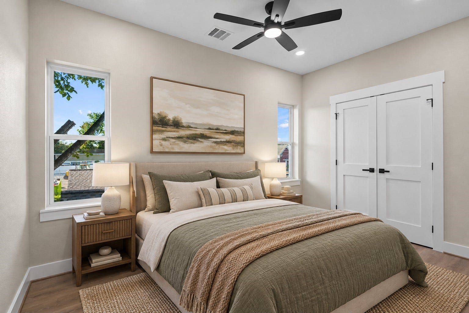 Virtually Staged: Blending clean design with smart utility, this bedroom offers an airy layout illuminated by multiple window placements. Elevated light fixtures and generous floor clearance make this room a practical, restful addition to the home.