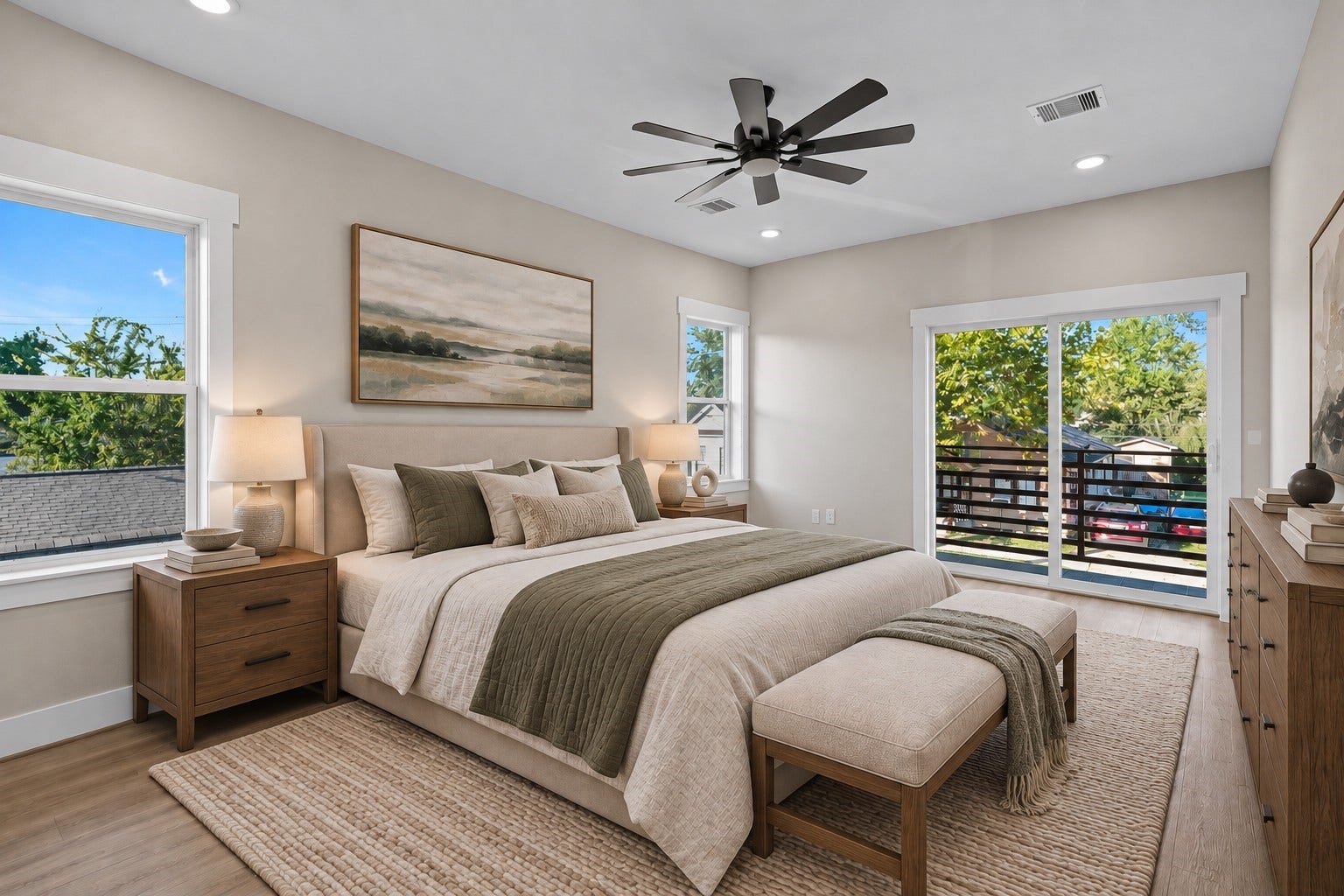 Virtually Staged: This spacious primary bedroom offers a light-filled retreat with high ceilings, a contemporary ceiling fan, and recessed overhead lighting.