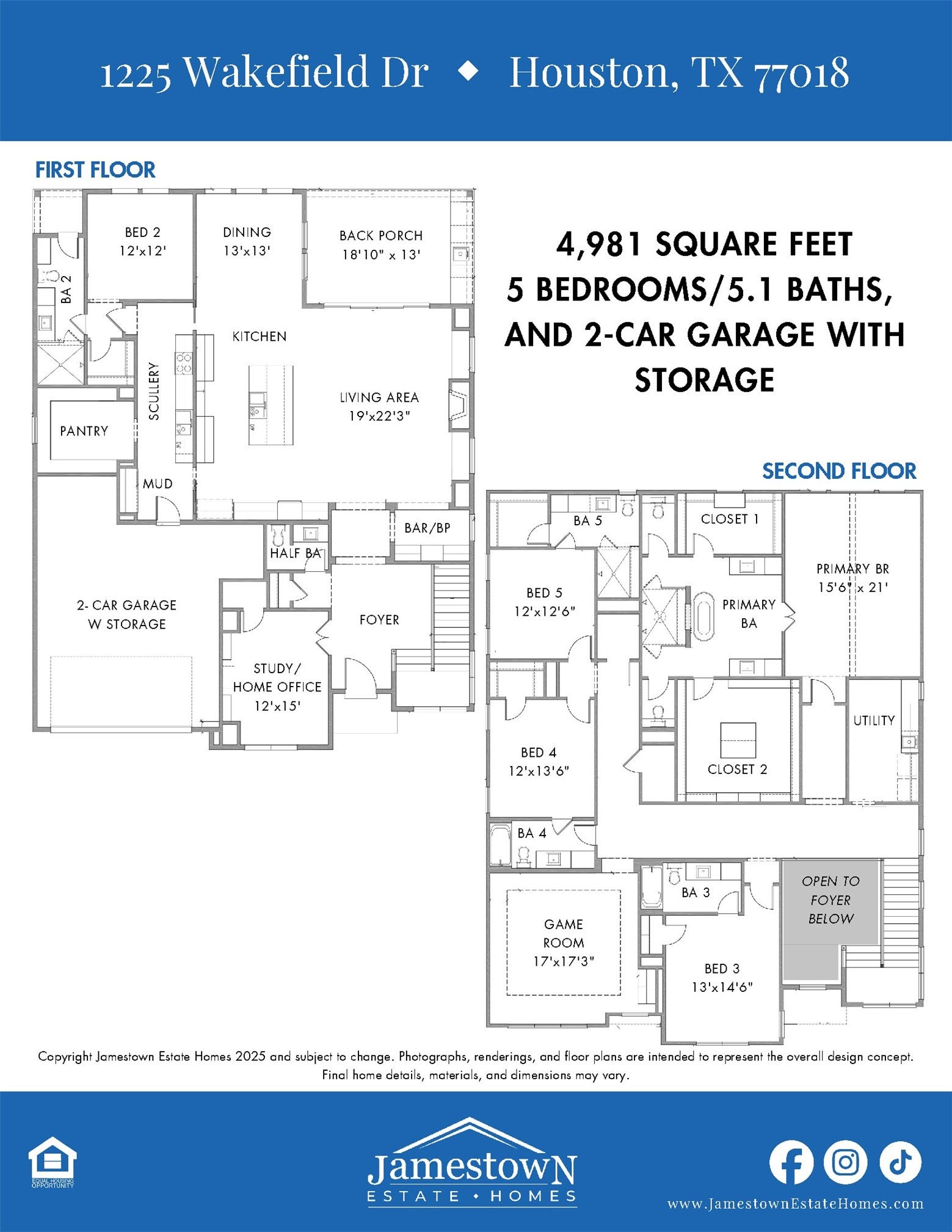 1225 Wakefield Drive, Houston, TX 77018 Floor Plan Copyright Jamestown Estate Homes 2026 Room measurements to be verified.