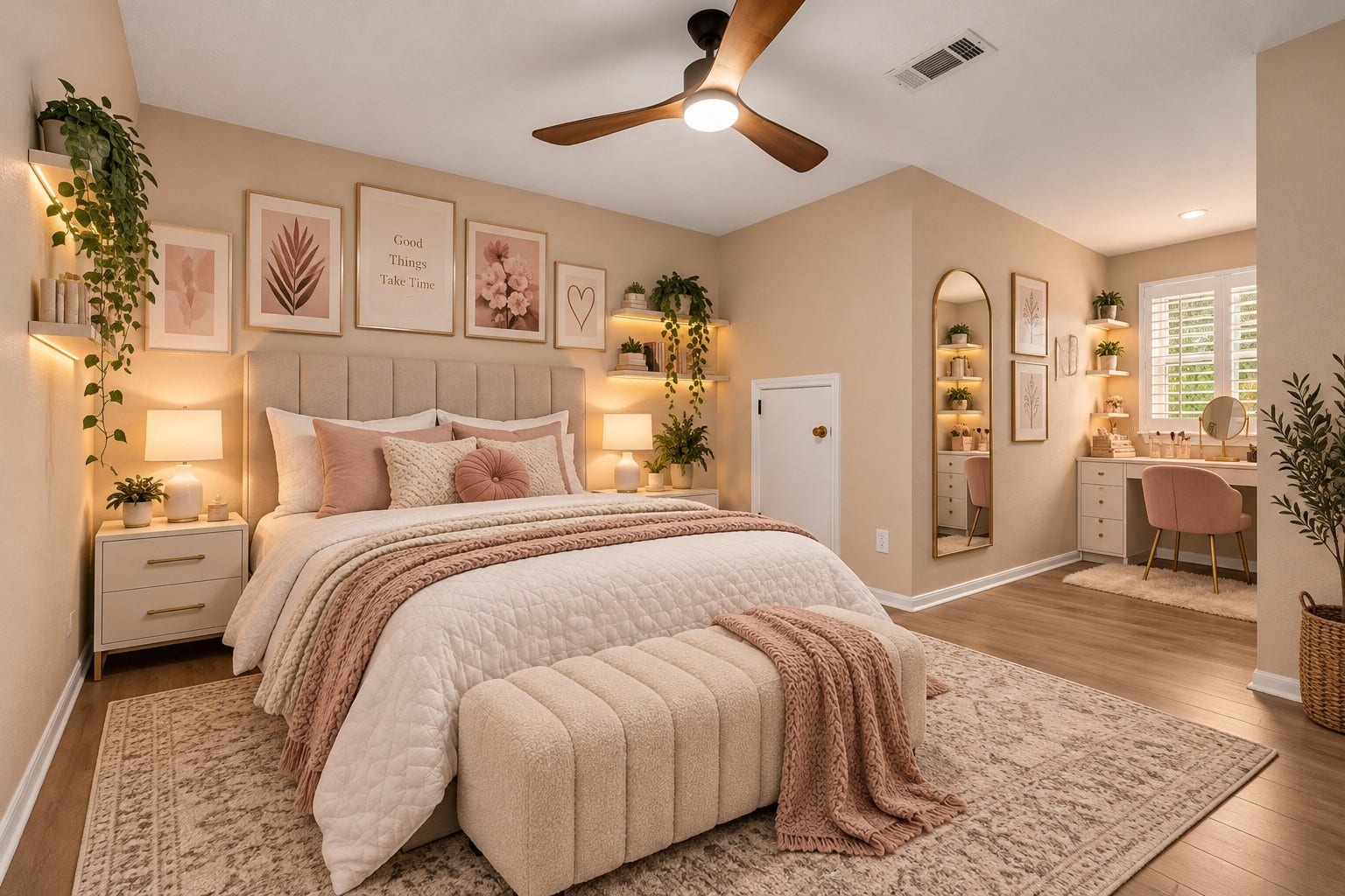 Upstairs bedroom #2virtually staged with a beautiful vanity area in the window nook