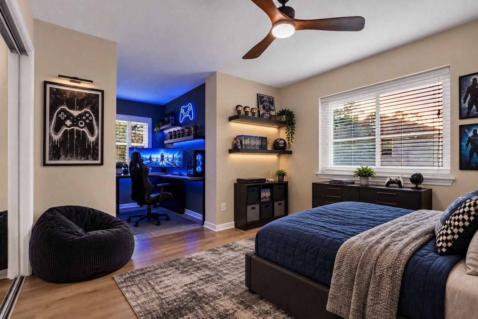 Upstairs bedroom #1 virtually designed to be a teens dream room with gaming nook