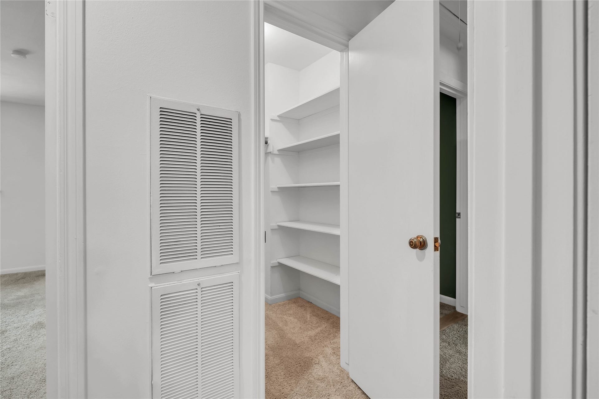 10818 Elmdale Drive, Houston, TX 77070 Expansive upstairs hallway closet with extensive built-in shelving, offering exceptional storage for linens, household essentials, holiday decorations, and more.
