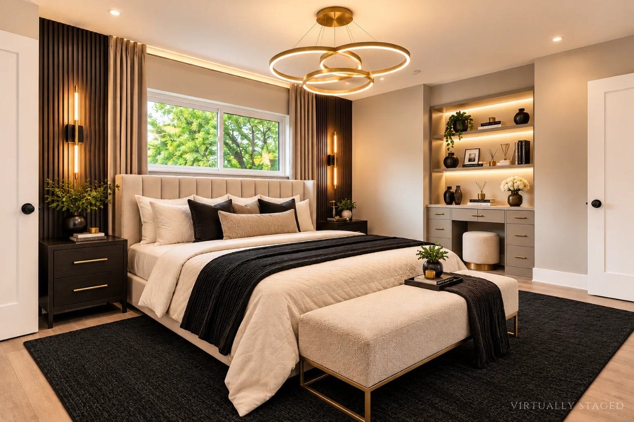 10818 Elmdale Drive, Houston, TX 77070 Virtually staged upstairs secondary primary suite showcasing the rooms comfortable scale, natural light, built-in shelving, and potential for a beautifully appointed private retreat.