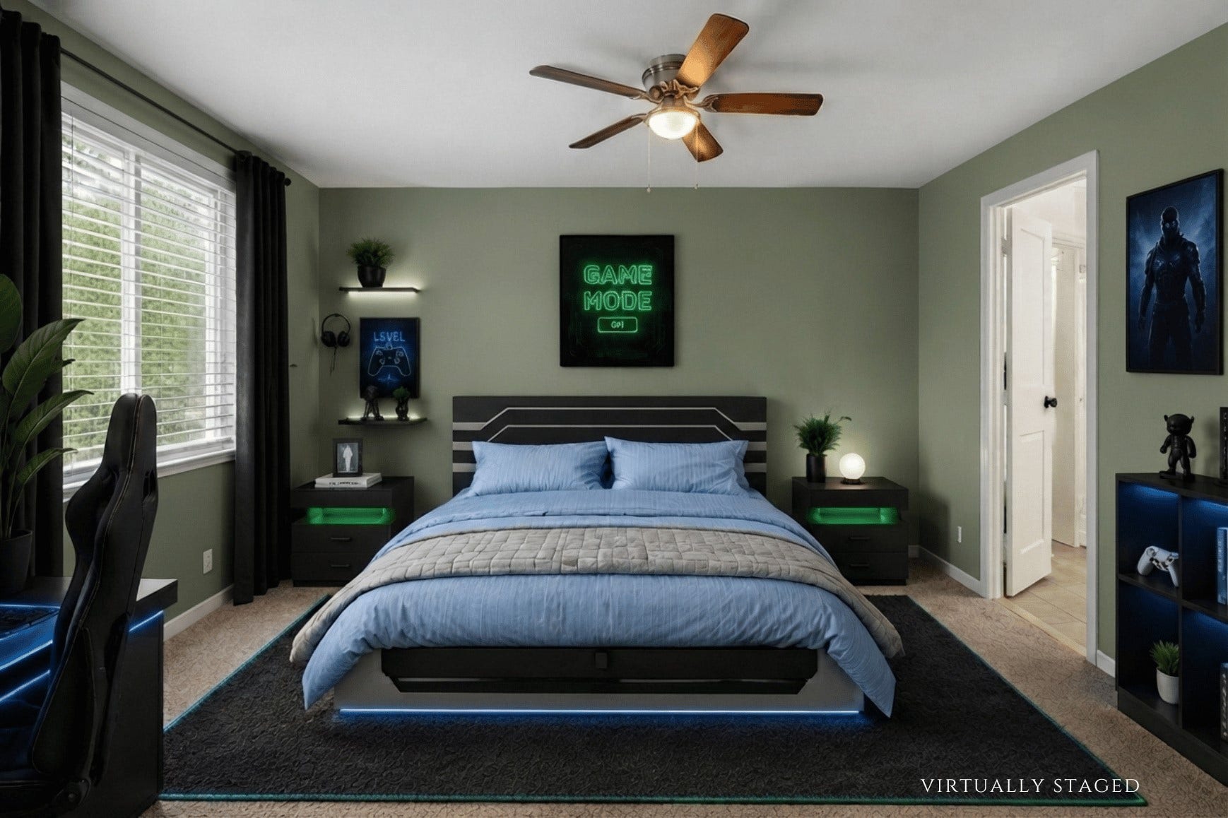 10818 Elmdale Drive, Houston, TX 77070 Virtually staged to showcase the generous scale of this upstairs bedroom and its flexibility for a complete bedroom suite.