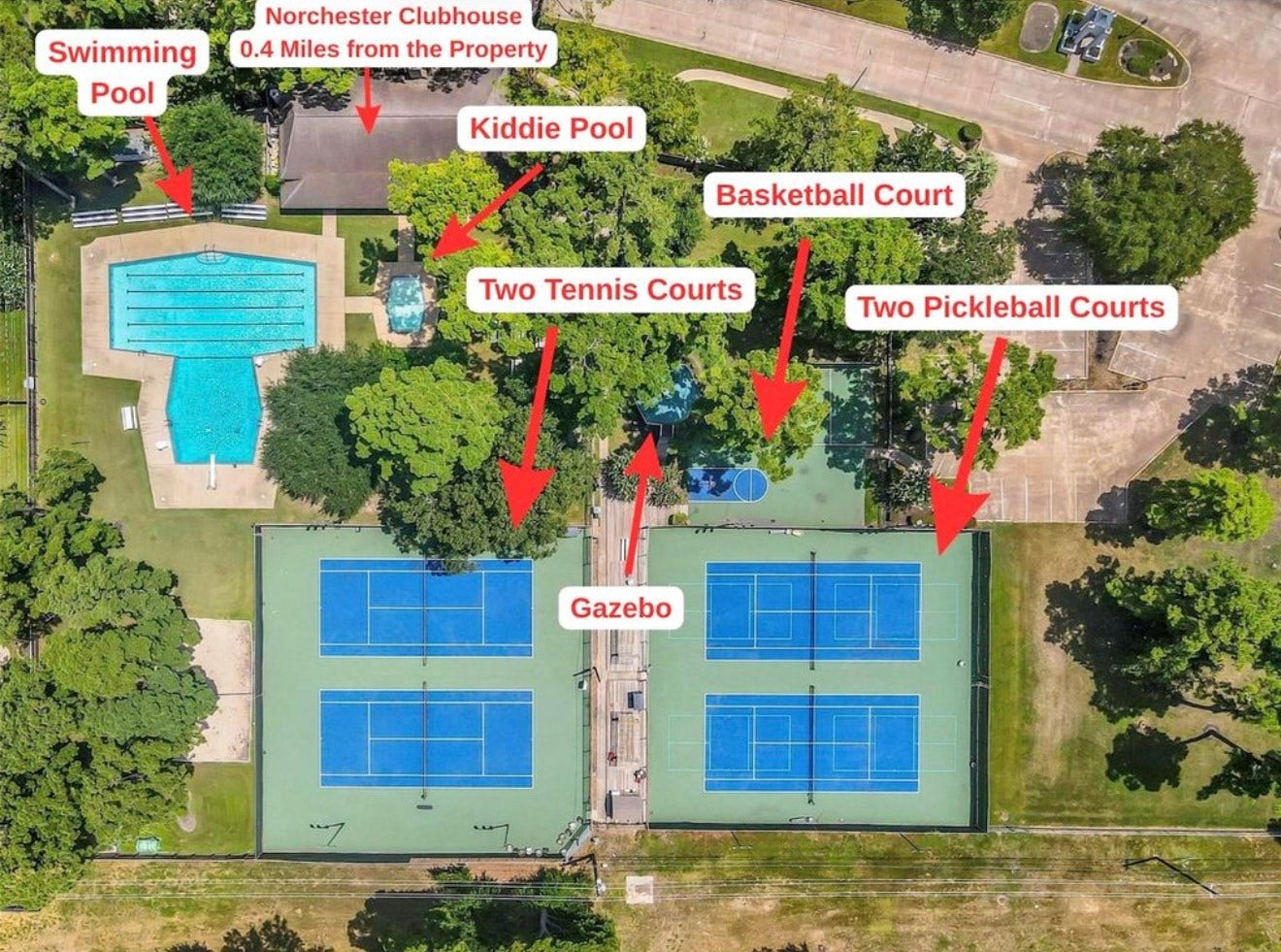 10818 Elmdale Drive, Houston, TX 77070 Aerial view highlighting Norchesters extensive community amenities, conveniently located approximately 0.4 miles from the property and offering multiple options for recreation, relaxation, and outdoor enjoyment.