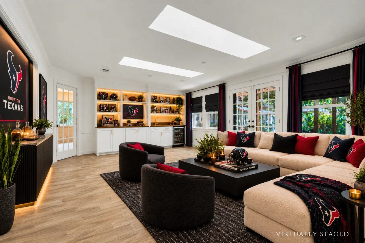 10818 Elmdale Drive, Houston, TX 77070 Virtually staged to showcase the sunrooms potential as a sophisticated entertainment lounge, featuring Houston Texans-inspired dcor, luxurious seating, and an inviting game-day atmosphere.
