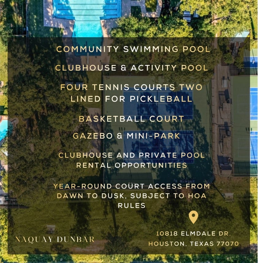 10818 Elmdale Drive, Houston, TX 77070 Norchester community amenities featuring swimming pools, clubhouse, tennis and pickleball courts, basketball court, gazebo, mini-park, and additional recreational opportunities for residents.