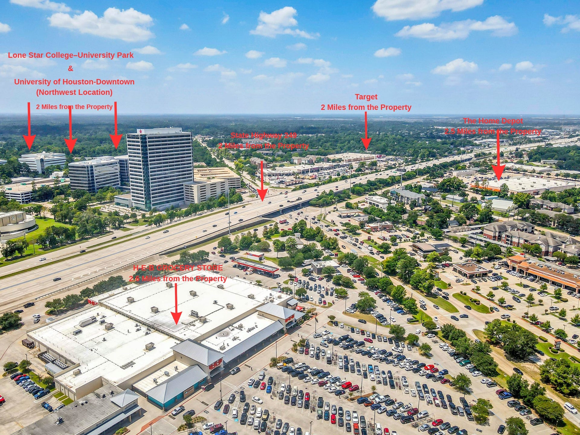 10818 Elmdale Drive, Houston, TX 77070 Aerial view highlighting the propertys convenient location near State Highway 249, Lone Star CollegeUniversity Park, the University of Houston-Downtown Northwest location, H-E-B, Target, The Home Depot, and surrounding shopping and services.