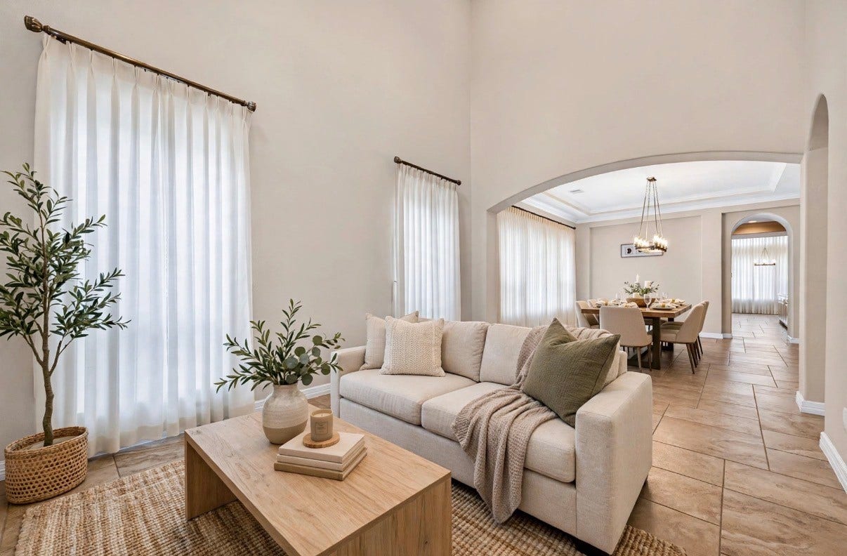Virtually staged living area and dining on left side of home by entrance