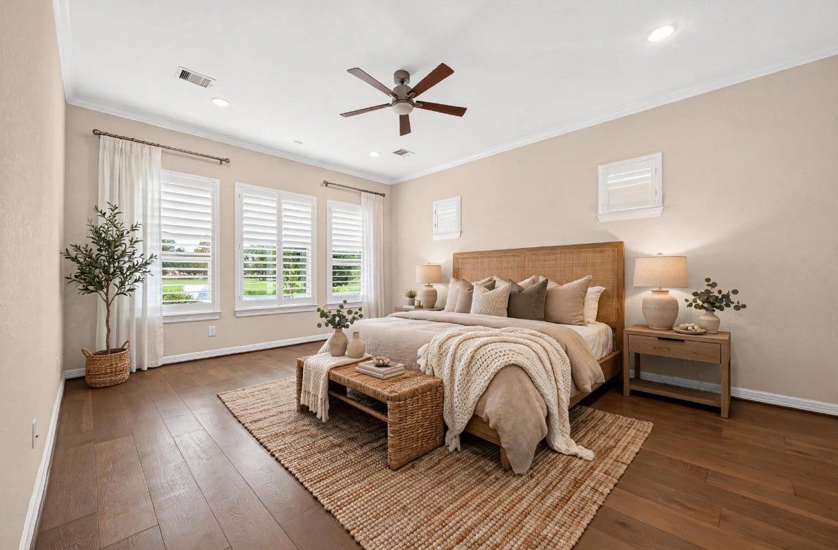 Virtually staged primary suite on 1/F