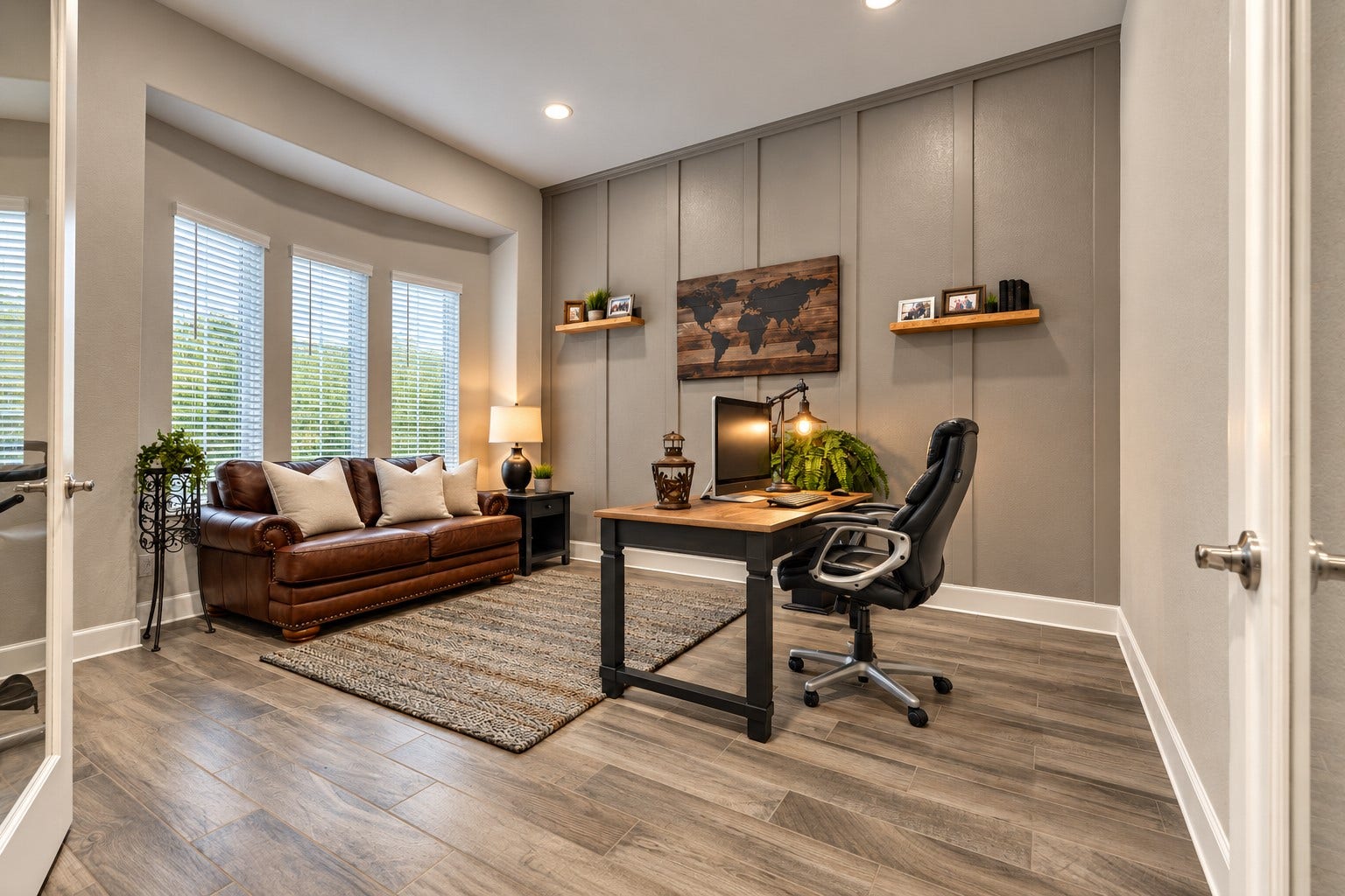305 Pewter Sky Drive, Montgomery, TX 77316 Private study just off the entry features glass French doors, wood-look tile flooring, a striking accent wall and abundant natural lightan ideal space for a home office.