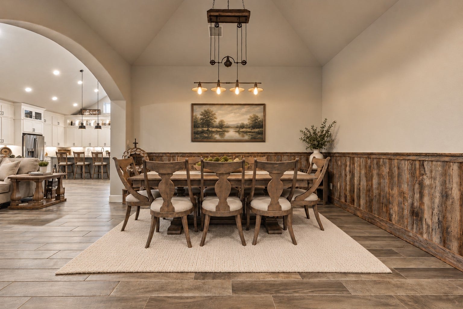 305 Pewter Sky Drive, Montgomery, TX 77316 A rare addition to this Perry floor plan, the formal dining room was specially requested by the sellers & incorporated into the homes design. Generously sized for a large table & features custom wood detailing & statement lightingan exceptional space for hosting family & friends.