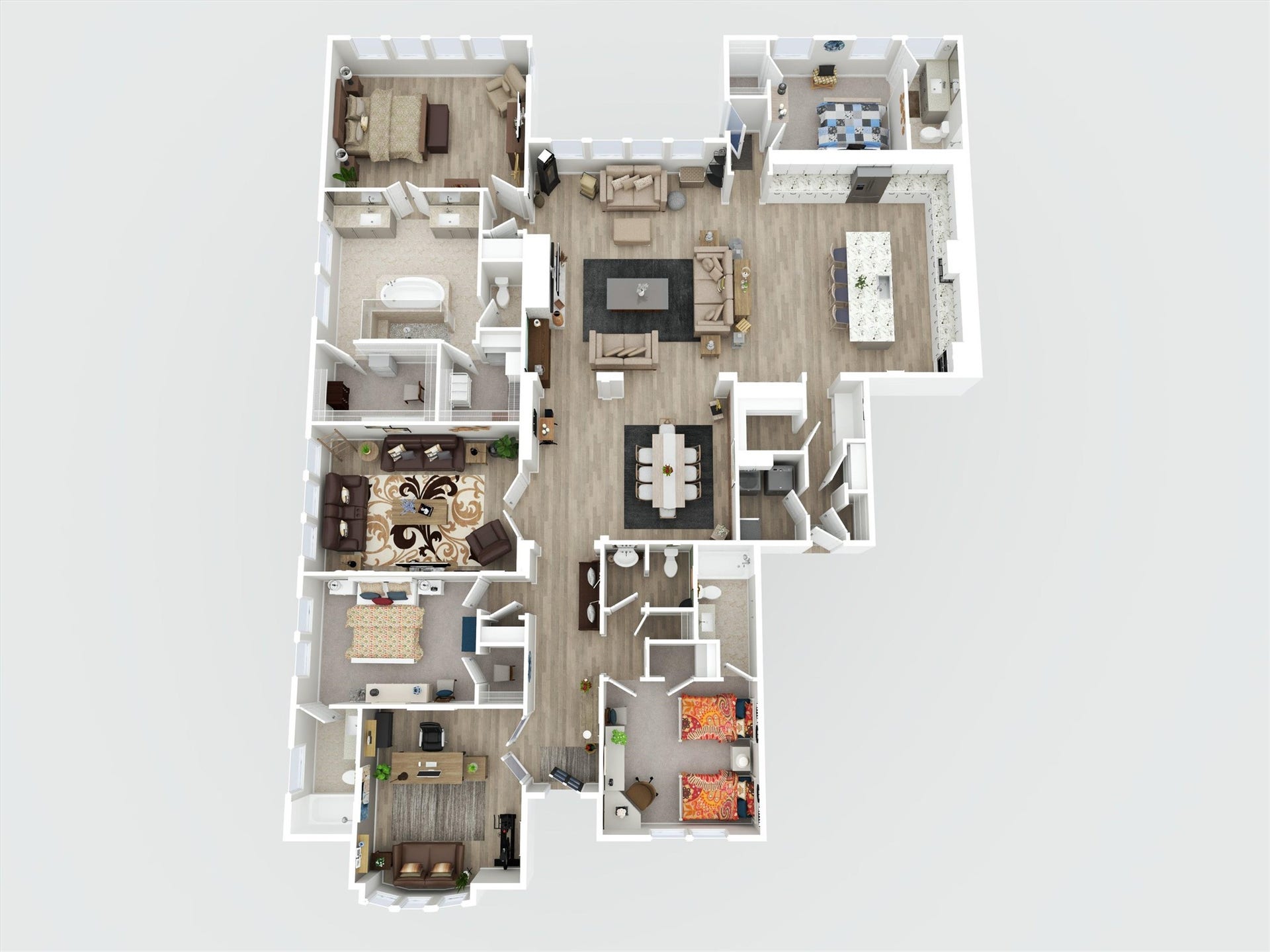 305 Pewter Sky Drive, Montgomery, TX 77316 Rare opportunity in Woodforestone of only three Perry Homes featuring this highly sought-after single-story floor plan! An exceptional layout with 4 bedrooms, each offering its own private en-suite bath, plus a dedicated study, game room, formal dining and expansive open-concept living spacesall thoughtfully designed on one level.