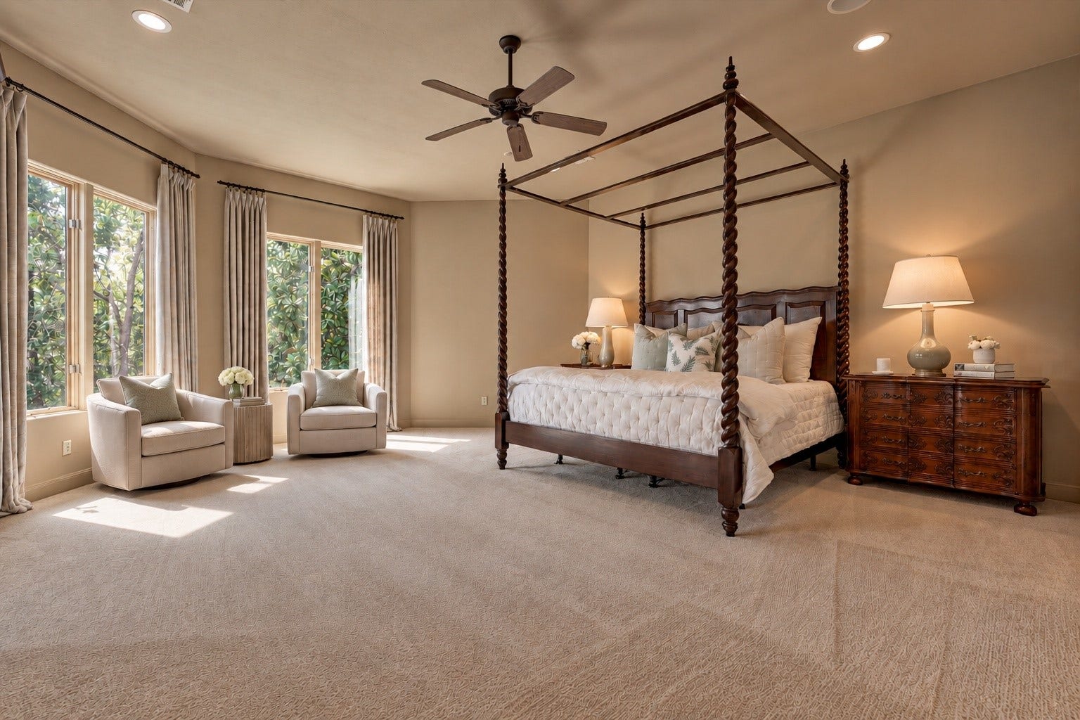 7 Dorset Square, The Woodlands, TX 77381 Primary suite overlooking reserve. Photo is virtually staged/enhanced.