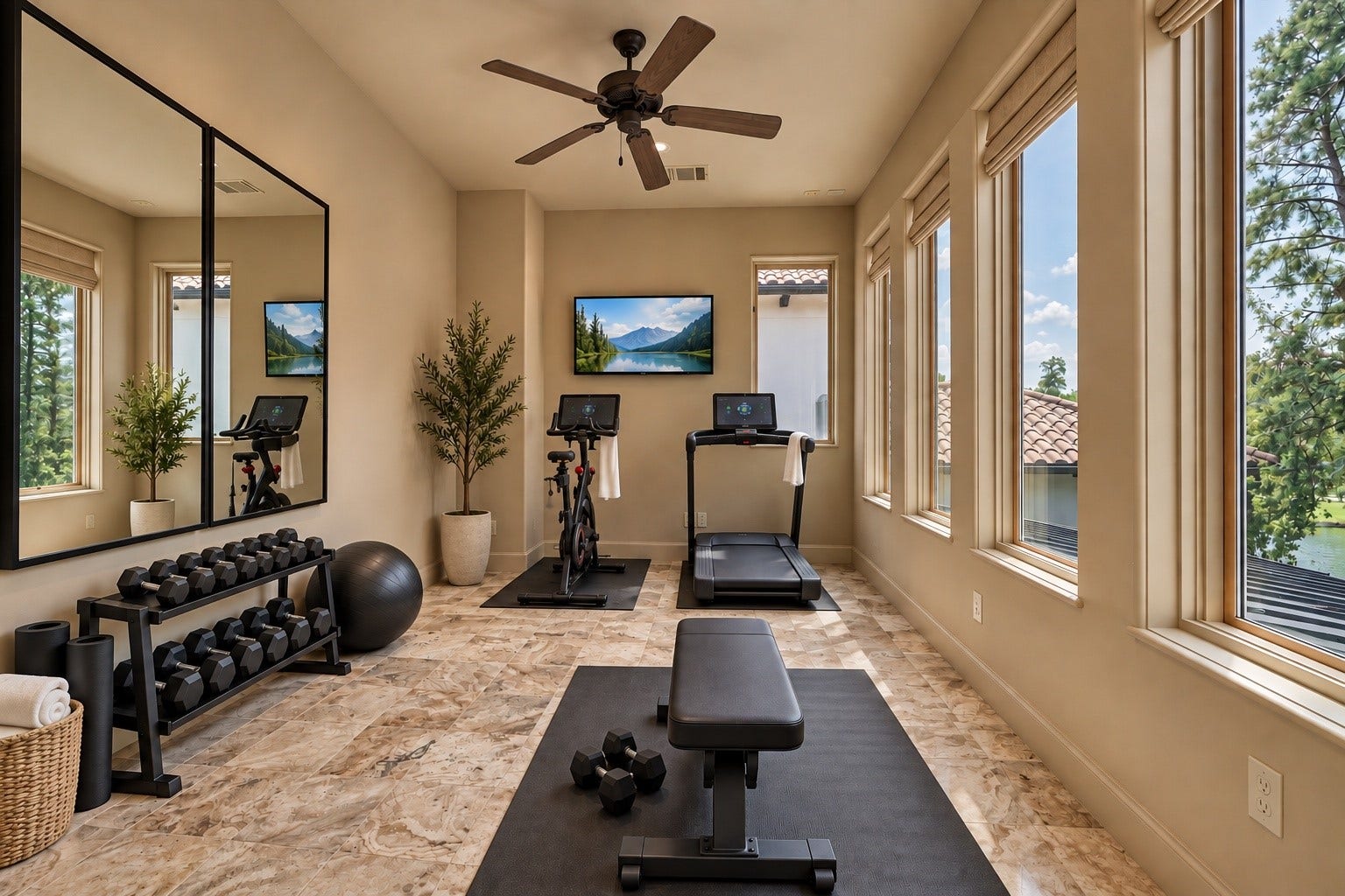 7 Dorset Square, The Woodlands, TX 77381 Exercise Room off primary bedroom with views of Lake Woodlands. Photo is virtually staged/enhanced.