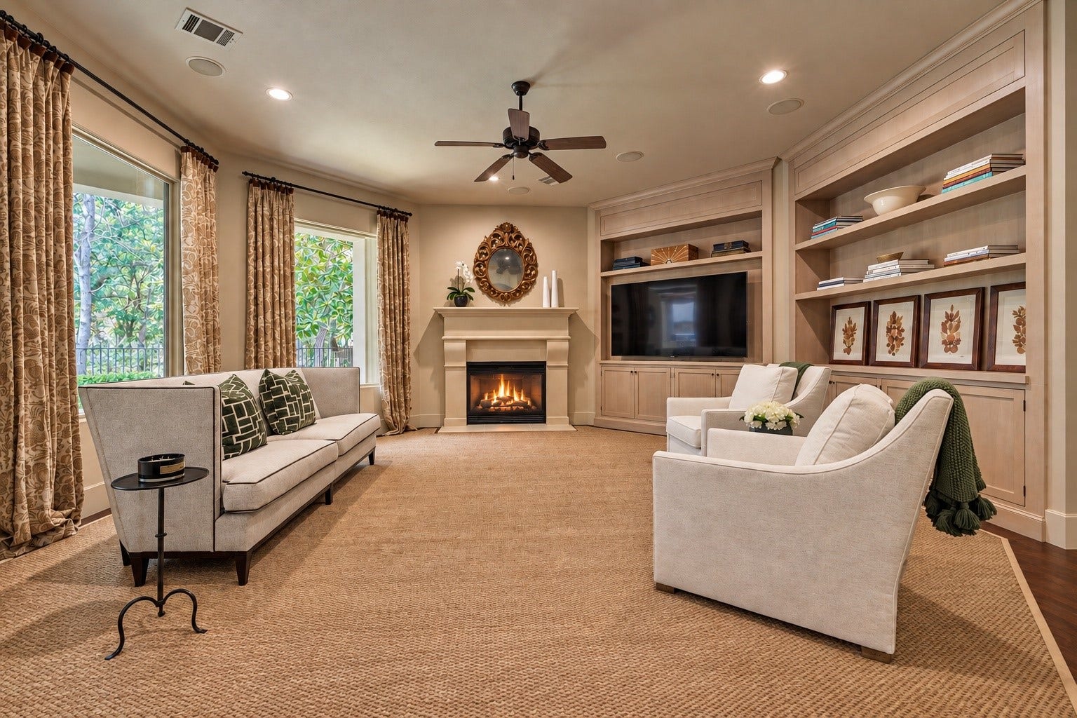 7 Dorset Square, The Woodlands, TX 77381 Family Room with gas log fireplace. Photo is virtually staged/enhanced.