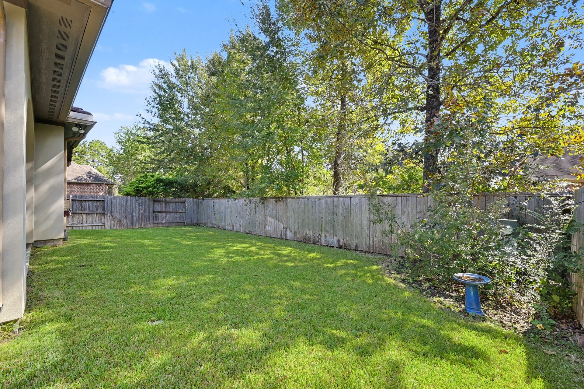 271 Rio Ranch Circle, Montgomery, TX 77316 Expansive backyard with lush green lawn and mature trees, offering privacy and a serene outdoor space perfect for relaxation or entertainment.