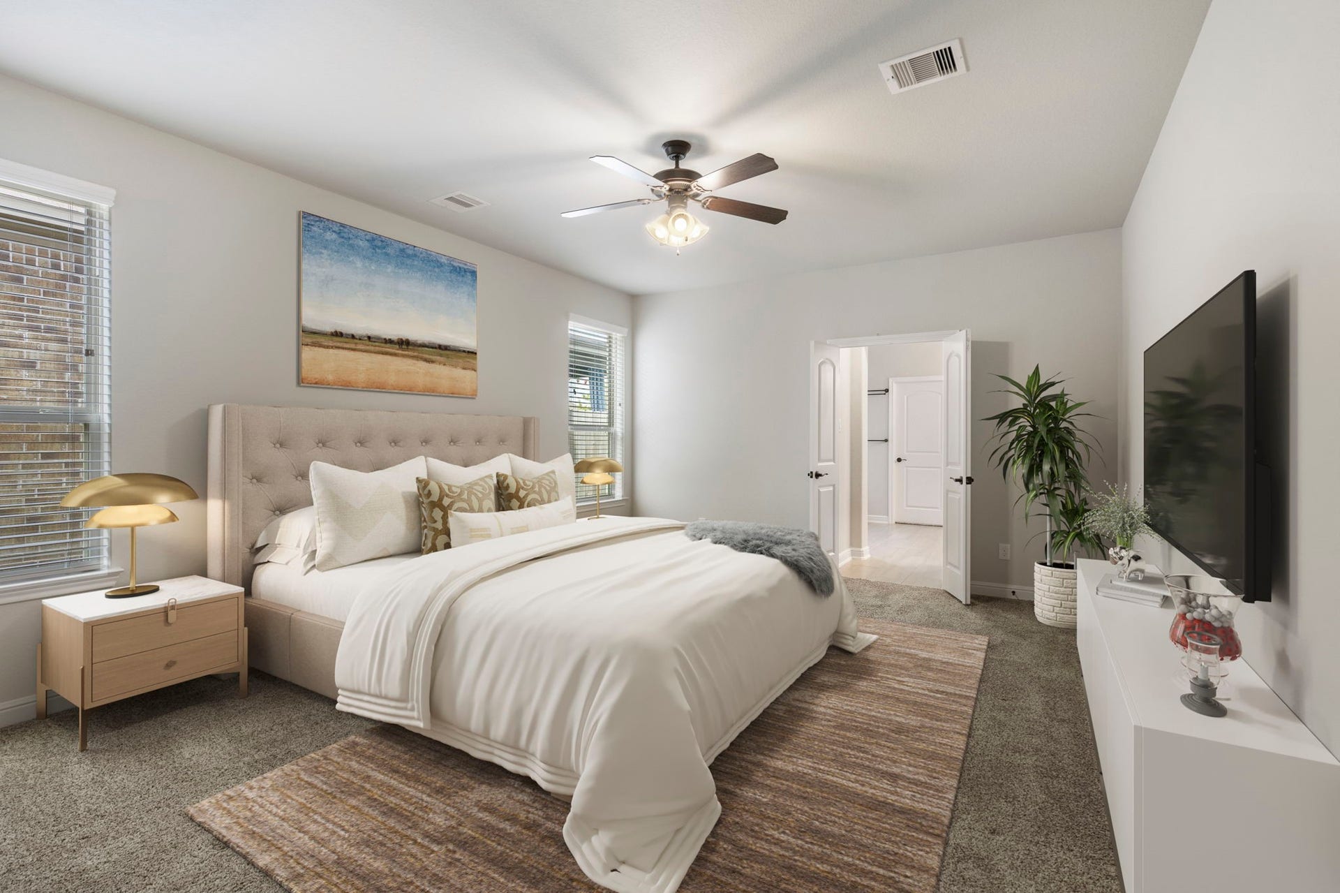 2819 Bradbury Hills Drive, Spring, TX 77373 Experience this elegantly virtual-staged bedroom, featuring cozy neutral tones, stylish furnishings, and abundant natural light for a serene retreat.